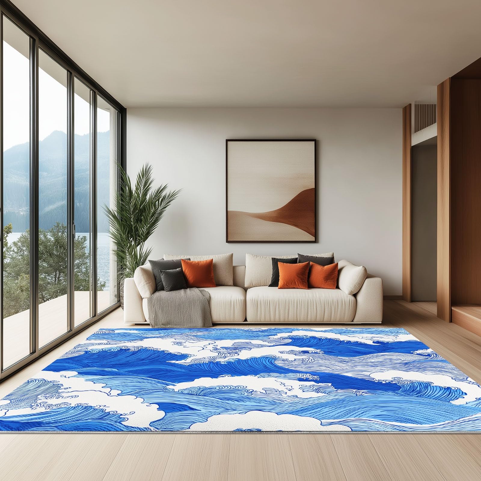 Generico Dywan można prać w pralce do salonu Dywany 160 x 230 cm Hokusai Fale linie Sztuka, puszyste antypoślizgowe miękkie niskie runo, do przedpokoju sypialni i kuchni niebieski