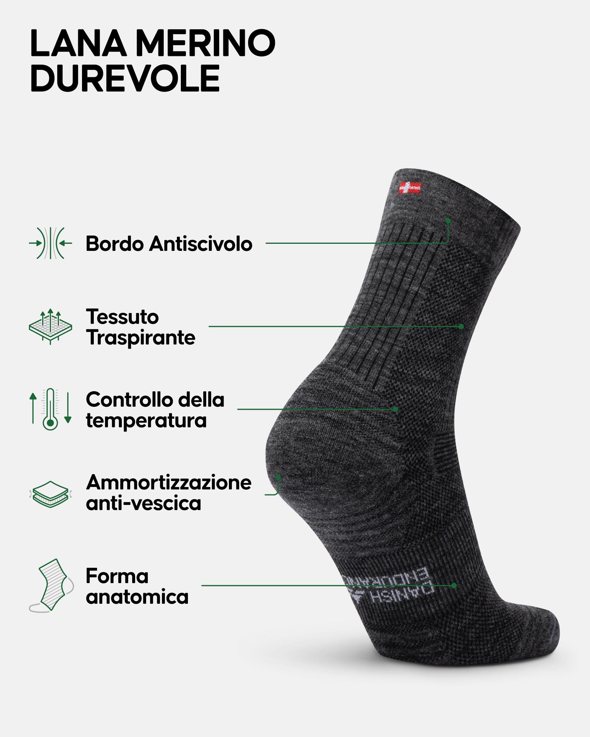 DANISH ENDURANCE Calze Trekking Leggere in Lana Merino, Anti-Vesciche, Traspiranti, da Uomo, Donna, Bambino, 1 o 5 Paia