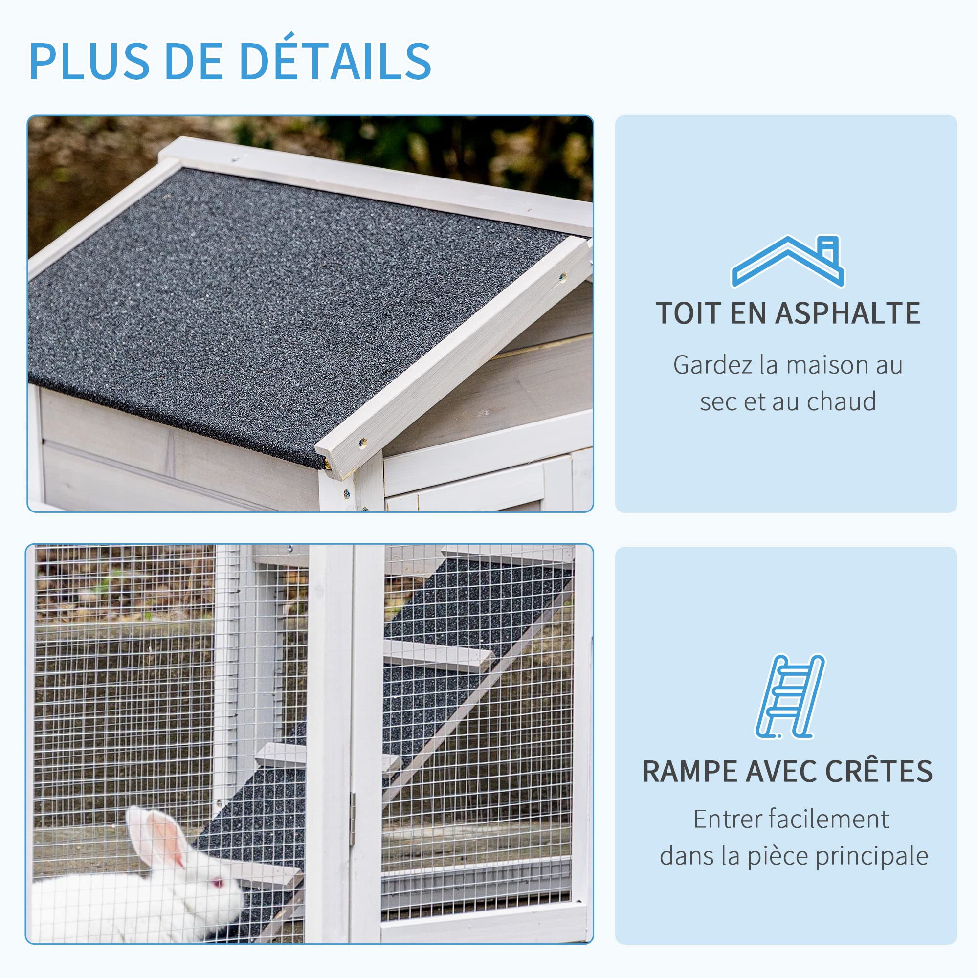PawHut Clapier Cage à Lapins Cottage - Niche supérieure avec Rampe et enclos extérieur - Plateau Coulissant, Toit bitumé, 4 Portes verrouillables - dim. 128L x 64l x 92H cm Bois de Sapin Blanc Gris