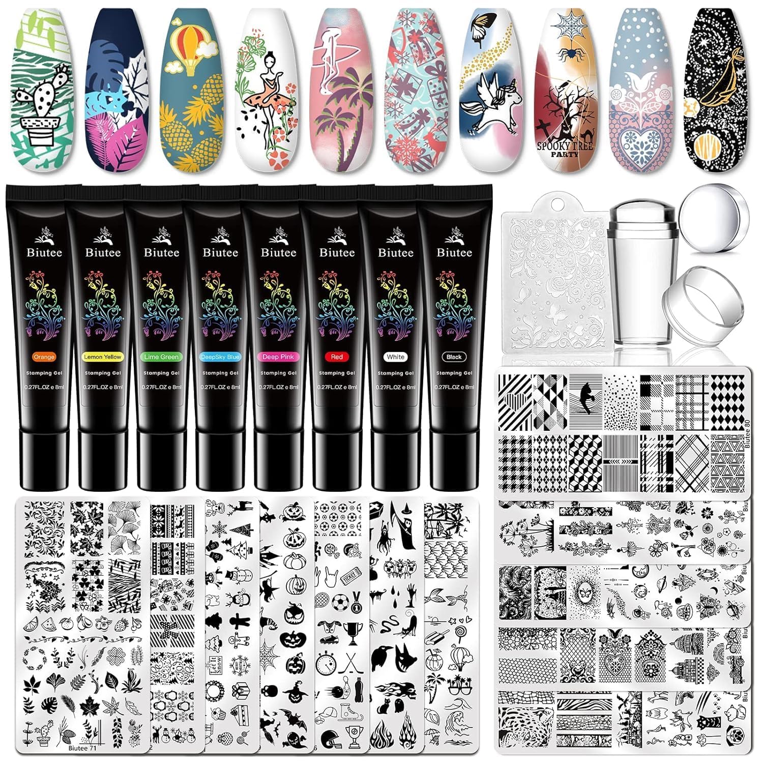 Biutee 8 Colorate Gel Stamping Nail Art Prodotti Manicure Gel + 12 Timbri per Unghie Stampo French