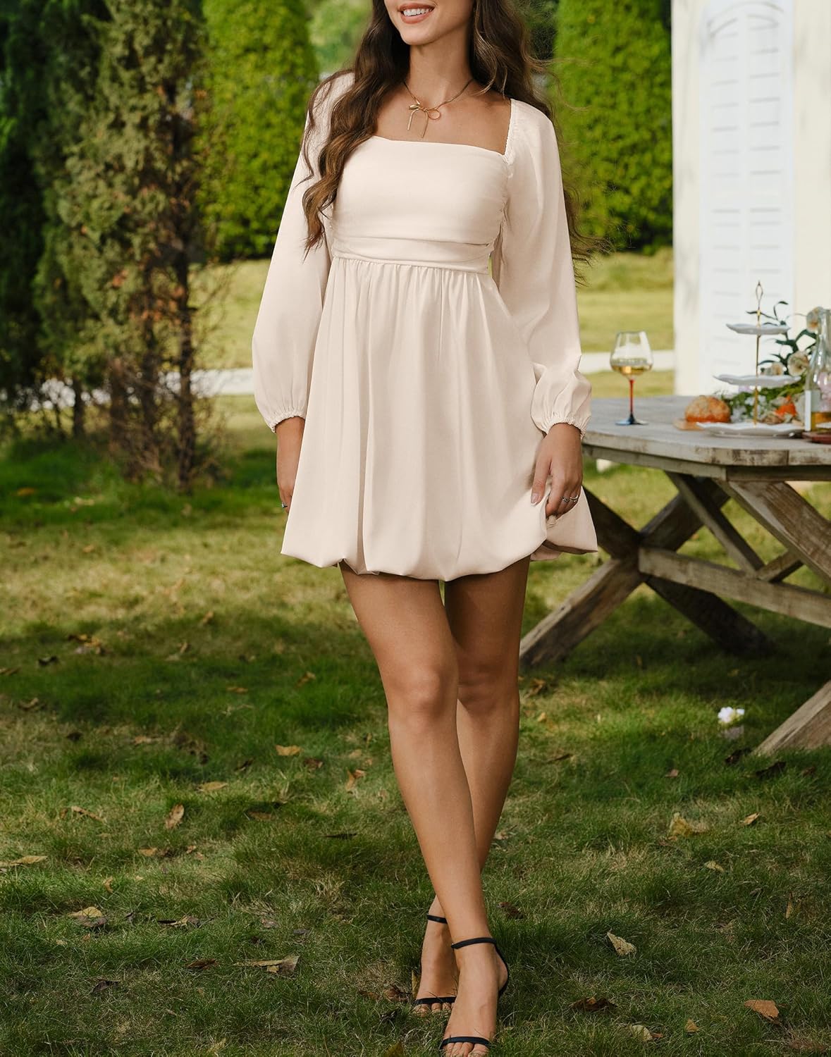 HYPERFIRE Women's Square Neck Long Sleeve Bubble Mini Dress Pleated Smocked A Line Wedding Dresses - Image 7