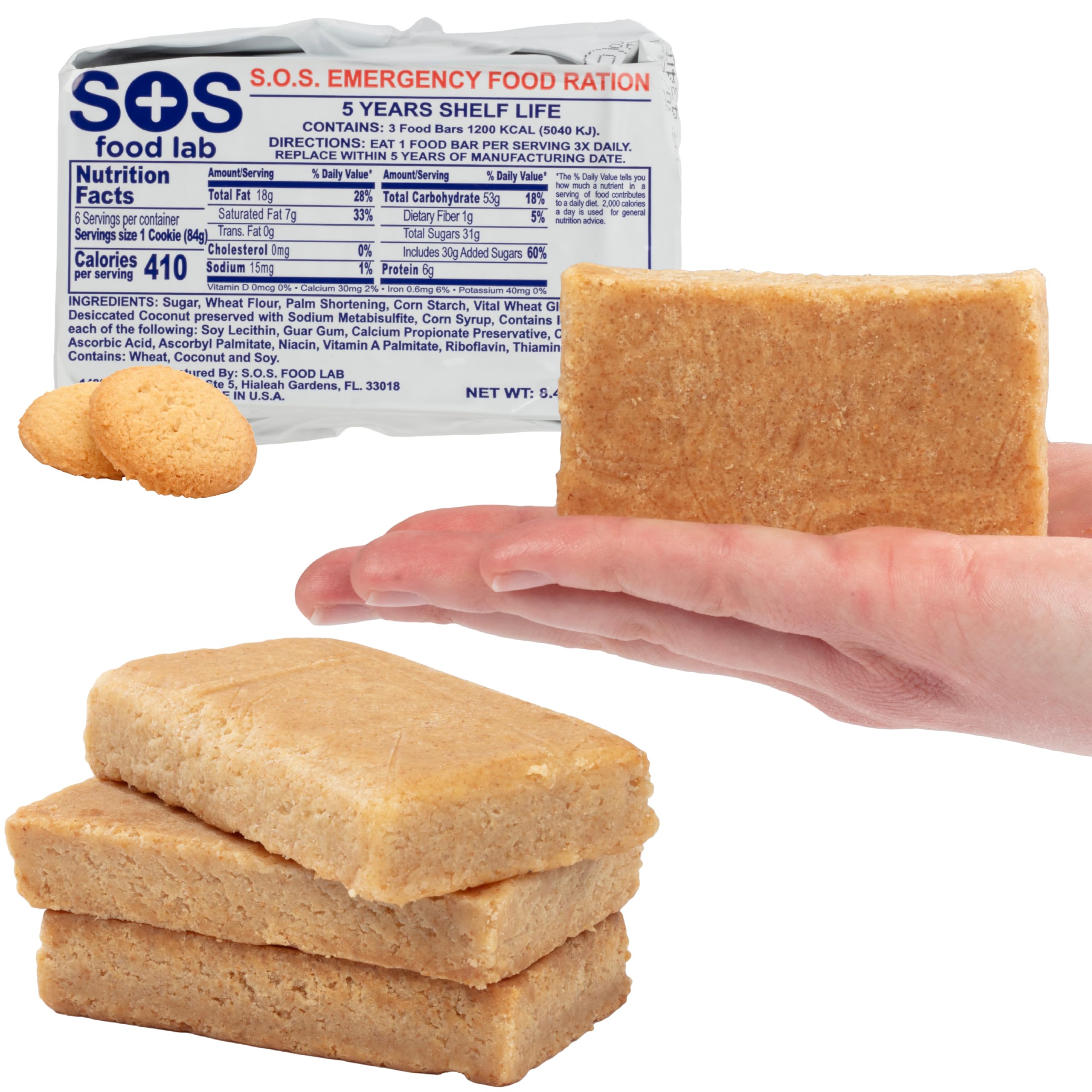 SOS Food Lab Emergency Food Bar - 1200 Calorie Ration (Shortbread Cookie) - 1 Day/24 Hour Ready to Eat Supply for Camping, Hiking, Disaster