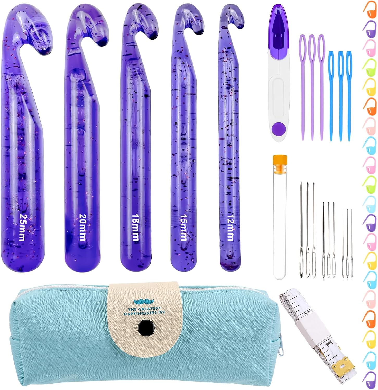 43 Pcs Large Crochet Hooks Set, 25mm 20mm 18mm 15mm 12mm Large Crochet Hooks for Chunky Yarn, Plastic Crystal Smooth Big Crochet Needles with Storage Bag, for Handmade DIY Crochet (Purple)