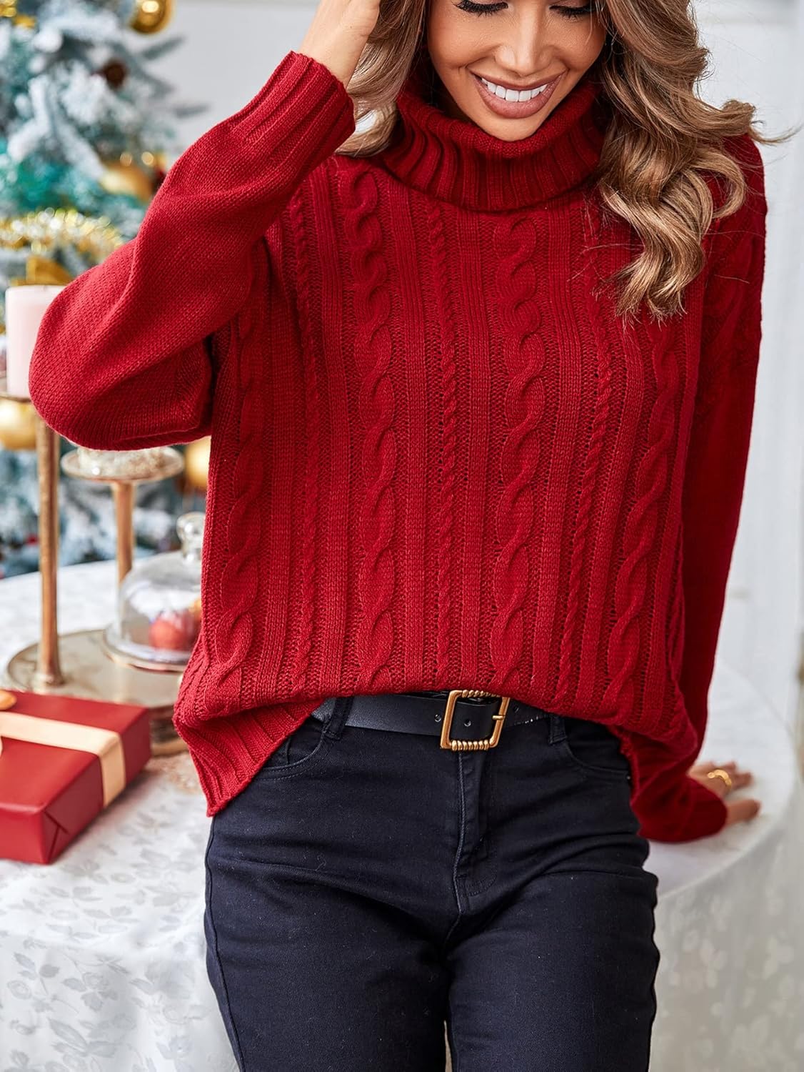 Women's Sweater Turtleneck Cable Knit Drop Shoulder Sweater Sweater for Women (Color : Red, Size : Medium)