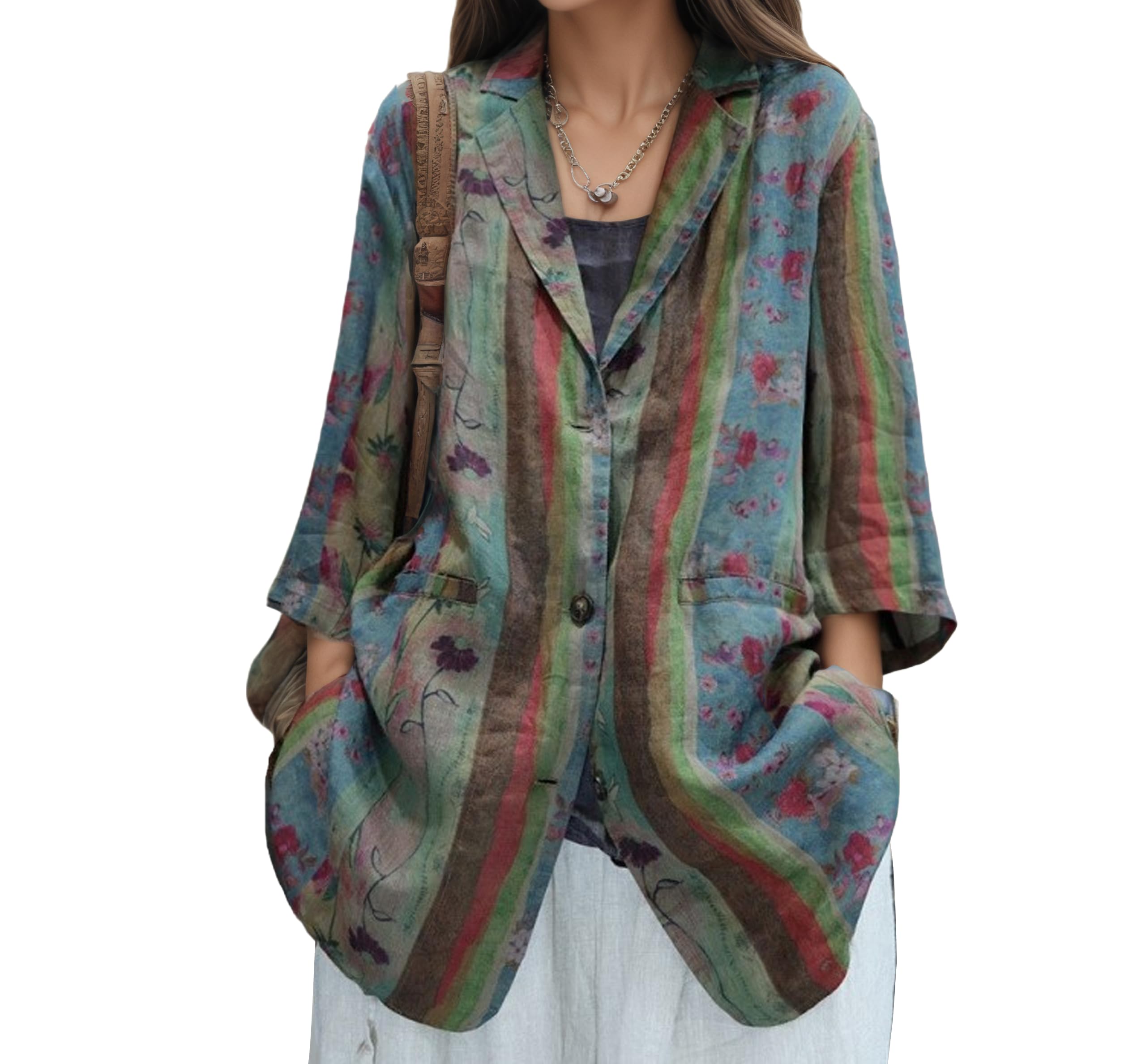 Womens Vintage Floral Cotton Linen Blazer 3 4 Sleeve Lapel Single Breasted Suit Coat Button Front Lightweight Shirt