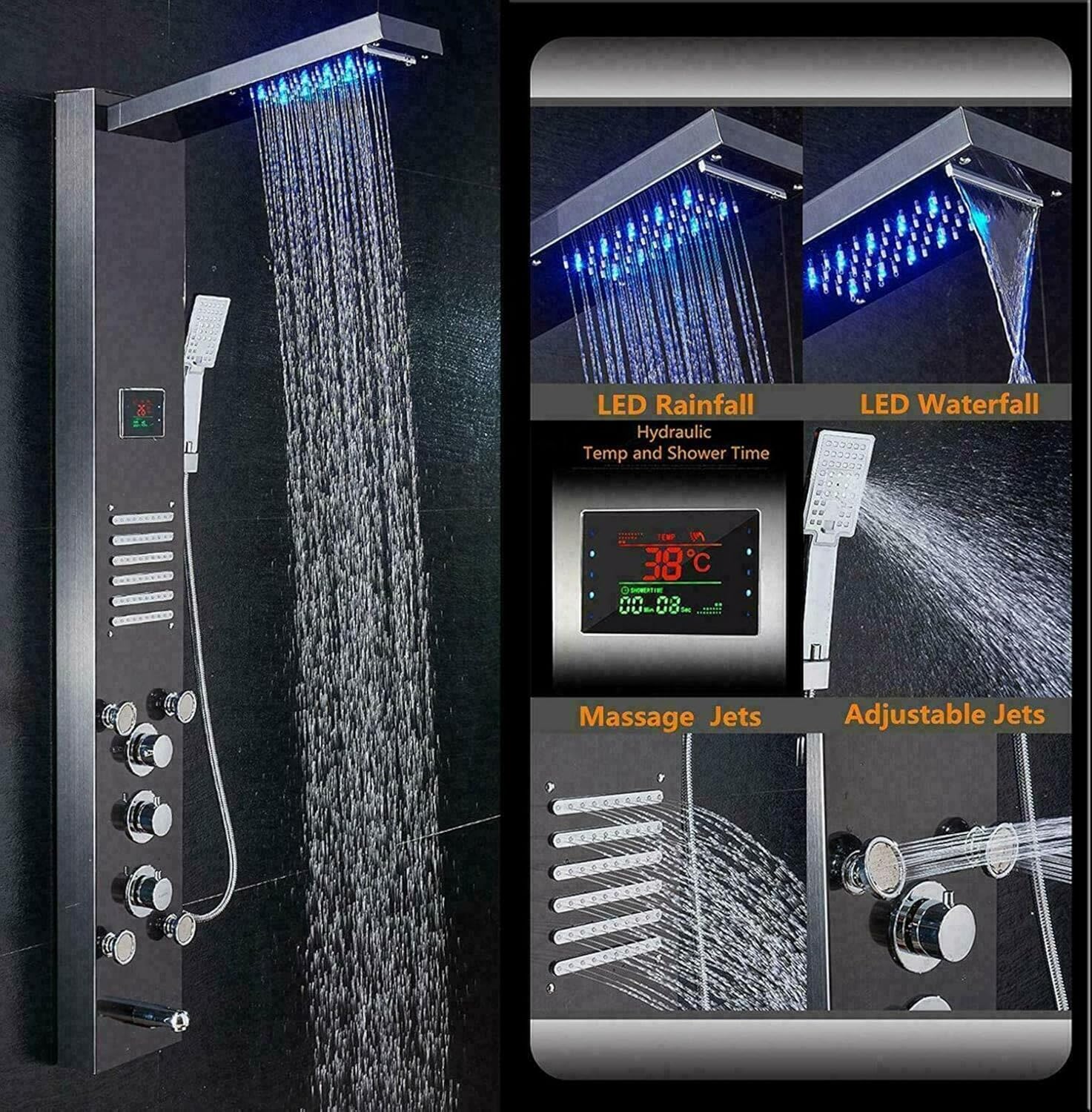 LED Shower Panel Tower System rain Waterfall Massage Black Stainless Steel