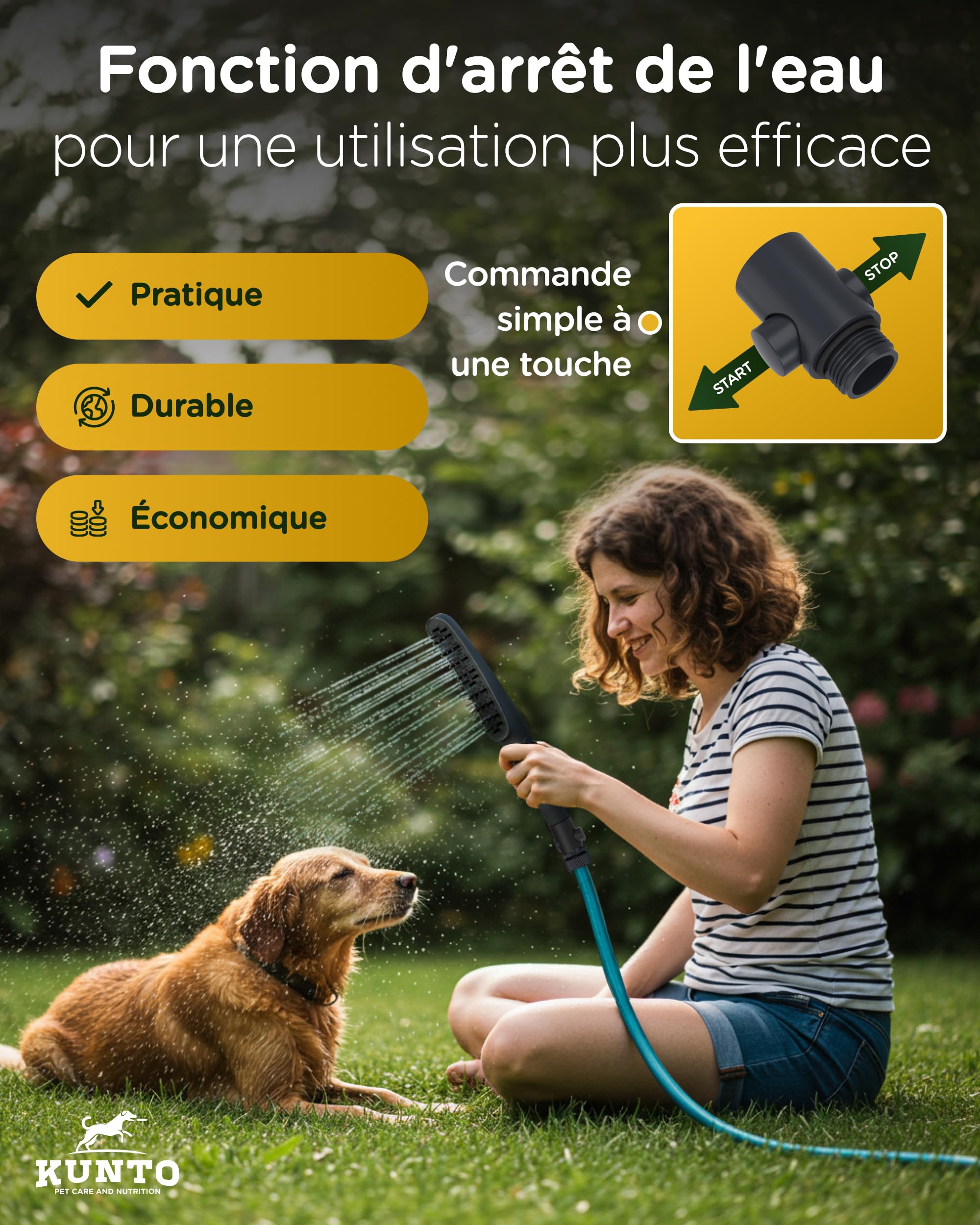 KUNTO® Pomme de douche pour chien avec 4 types de jets - Tête de douche en silicone et adaptateur pour tuyau d’arrosage