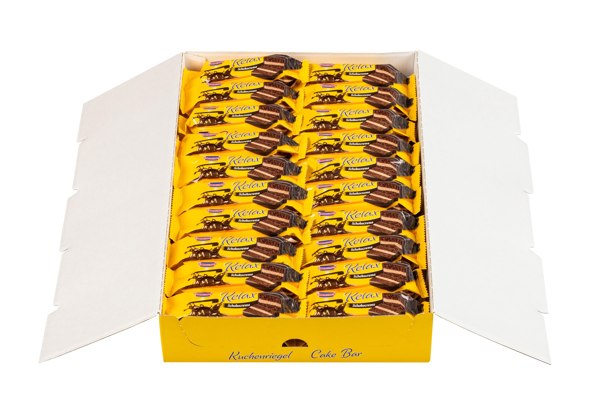KuchenMeister Relax Kakao Kuchen Riegel 40 x 32g | Schokoladiger Bisquitteig | Zarte Kakaocremefüllung | Knackige Zartbitterschokolade | Giveaway, Kiosk, Automaten, Vending | 40 x 32g Riegel