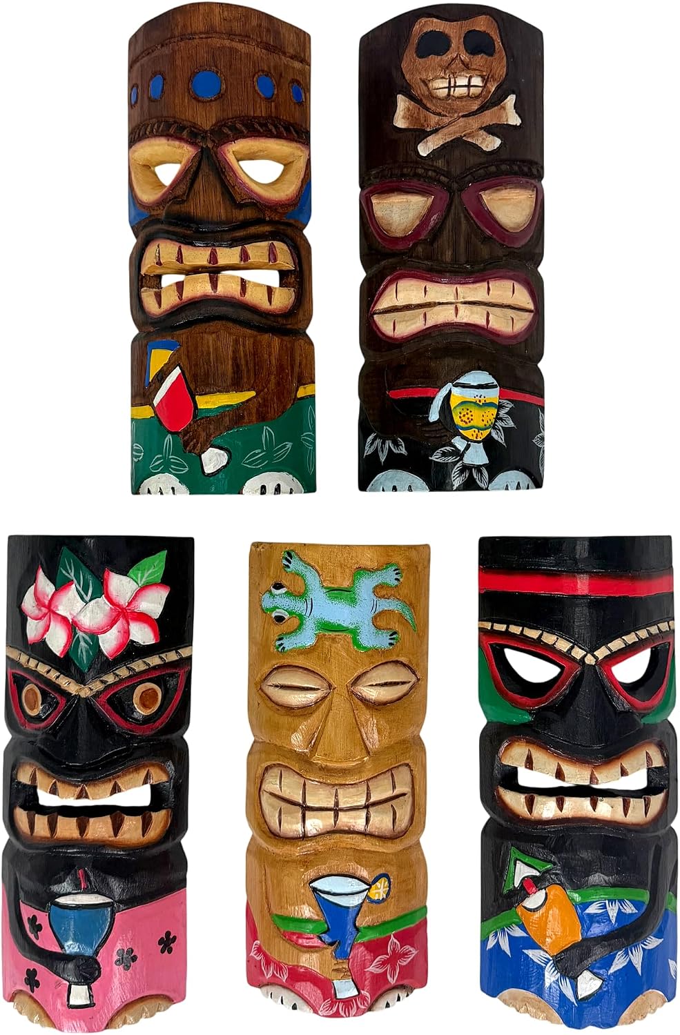 Zeckos Set of 5 Tiki Mask Wall Decor, 12 Inch Hand-Carved Wood Masks