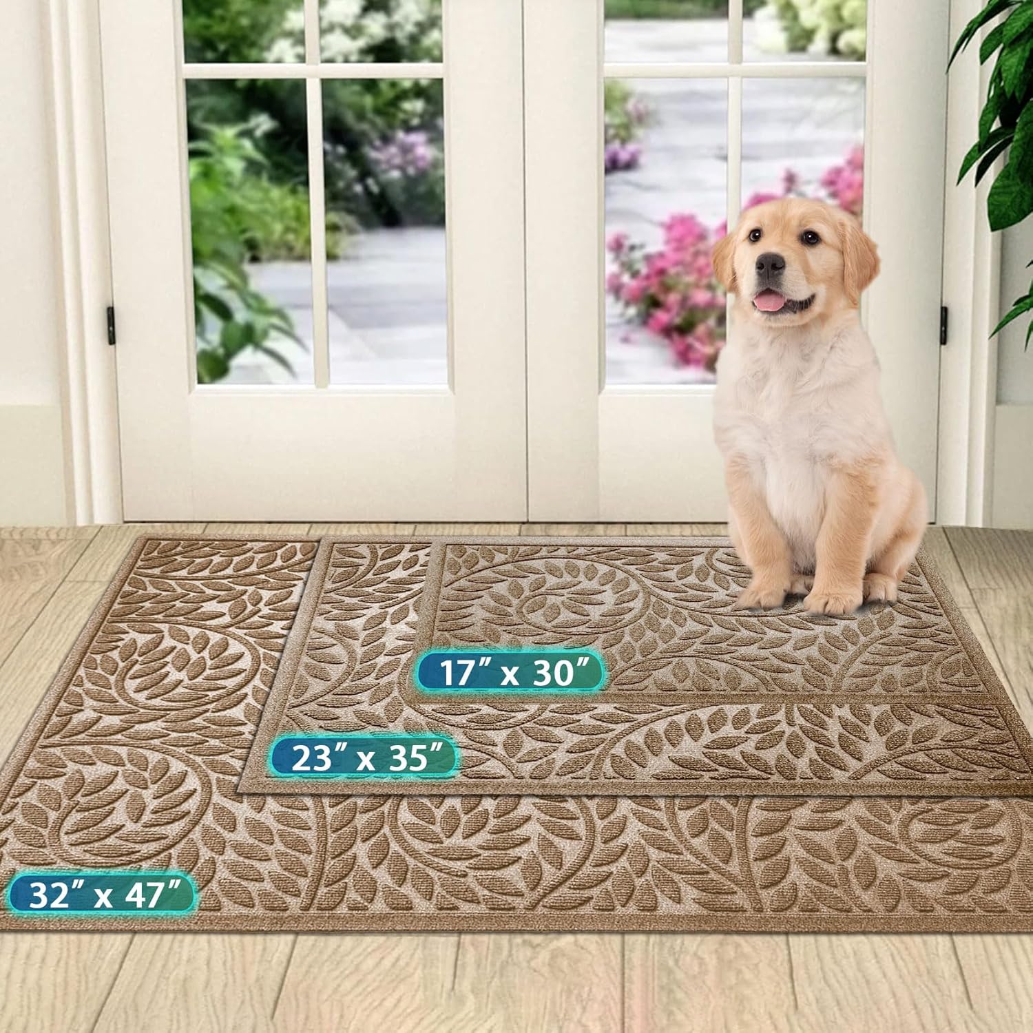bulijojo front door mat entrance,durable heavy duty welcome mat,thick absorbent natural rubber non slip mat,sturdy entryway beige 47"x32" 2'8" x 3'11" (leaf) beige