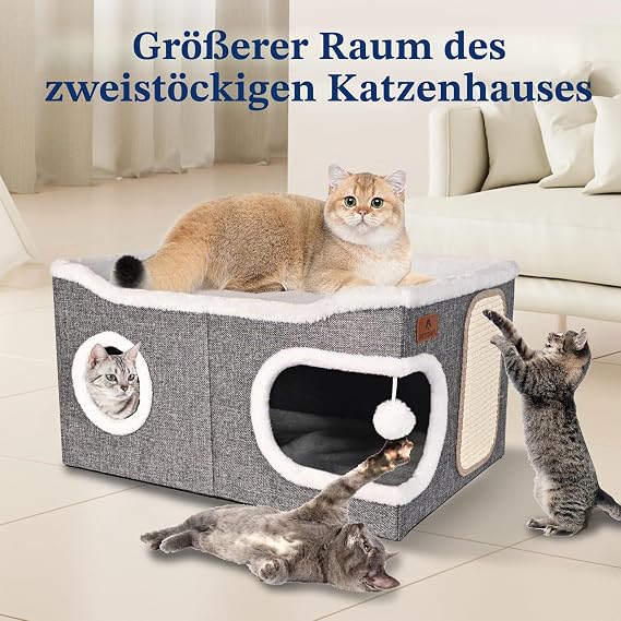 Extra Large Cat Beds for Indoor Cats Covered Cat Cave Beds & Furniture with Scratch Pad and Fluffy Ball Foldable Cat Hideaway with Reversible Cushion for Multi Small Pet Large Kitty