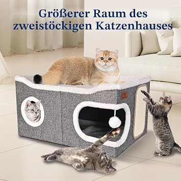 Extra Large Cat Beds for Indoor Cats Covered Cat Cave Beds & Furniture with Scratch Pad and Fluffy Ball Foldable Cat Hideaway with Reversible Cushion for Multi Small Pet Large Kitty