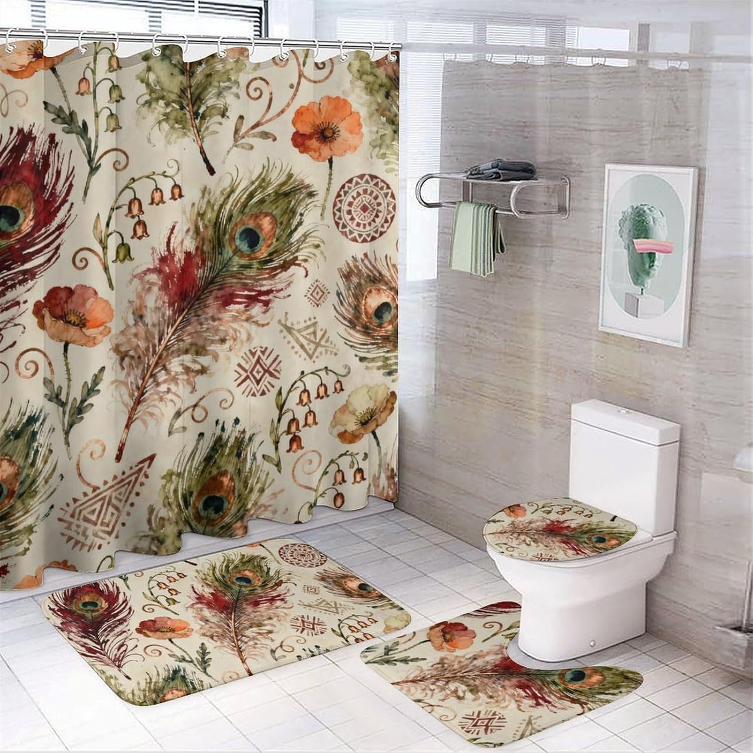4 Piece Bathroom Rug Set with Shower Curtain, Non-Slip Bath Mat Toilet Cover Set, Peacock Feathers Bathroom Rug Sets