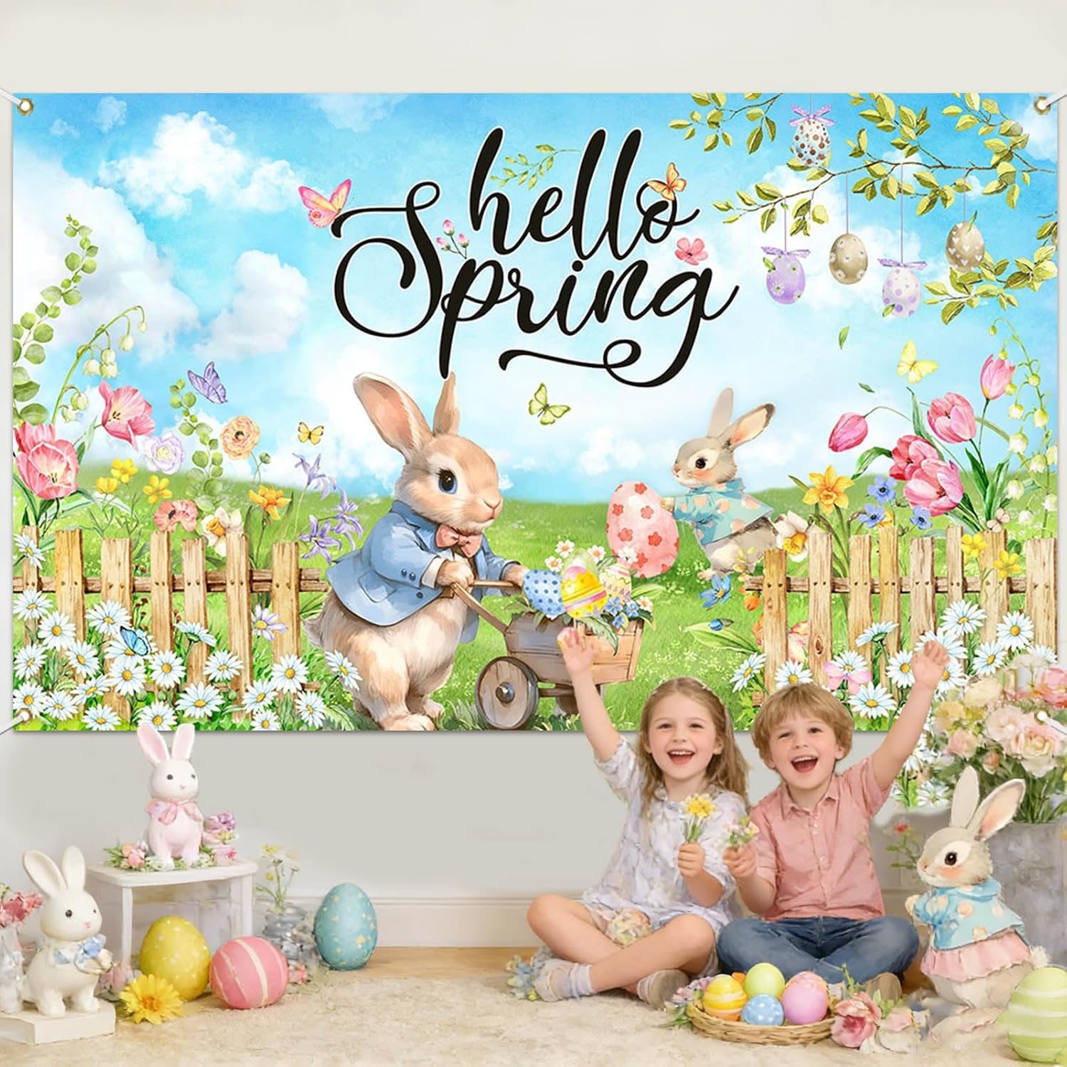 Mocsicka Hello Spring Backdrop Easter Party Banner Greenery Spring Festival Easter Photo Backdrop Colorful Happy Easter Party Decorations Supplies Banner (Greenery, 70.8x43.3 inch)