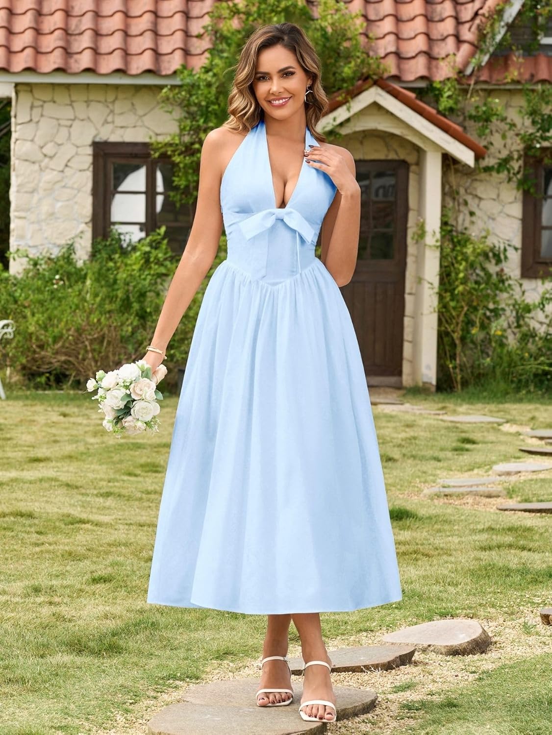 Parthea Summer Halter Bow Midi Dress V Neck Flowy A Line Casual Sundress for Women - Image 3