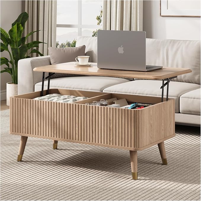 42.5" Oval Lift Top Coffee Table with Storage, Modern Oak Center Table with Fluted Design,Pop Up Coffee Table for Living Room,Solid Wood Legs & Hidden Compartment