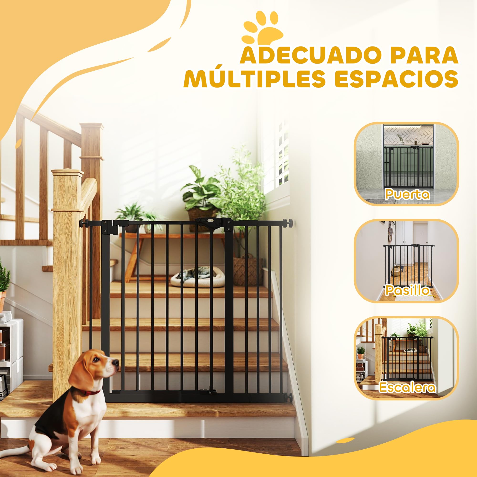 PawHut Barrera de Seguridad para Perros Extensible 74-94 cm Negro | para Puertas y Escaleras, Cierre Automático, Montaje a Presión, Doble Bloqueo, 3 Extensiones 17,5/20,3/30,5 cm
