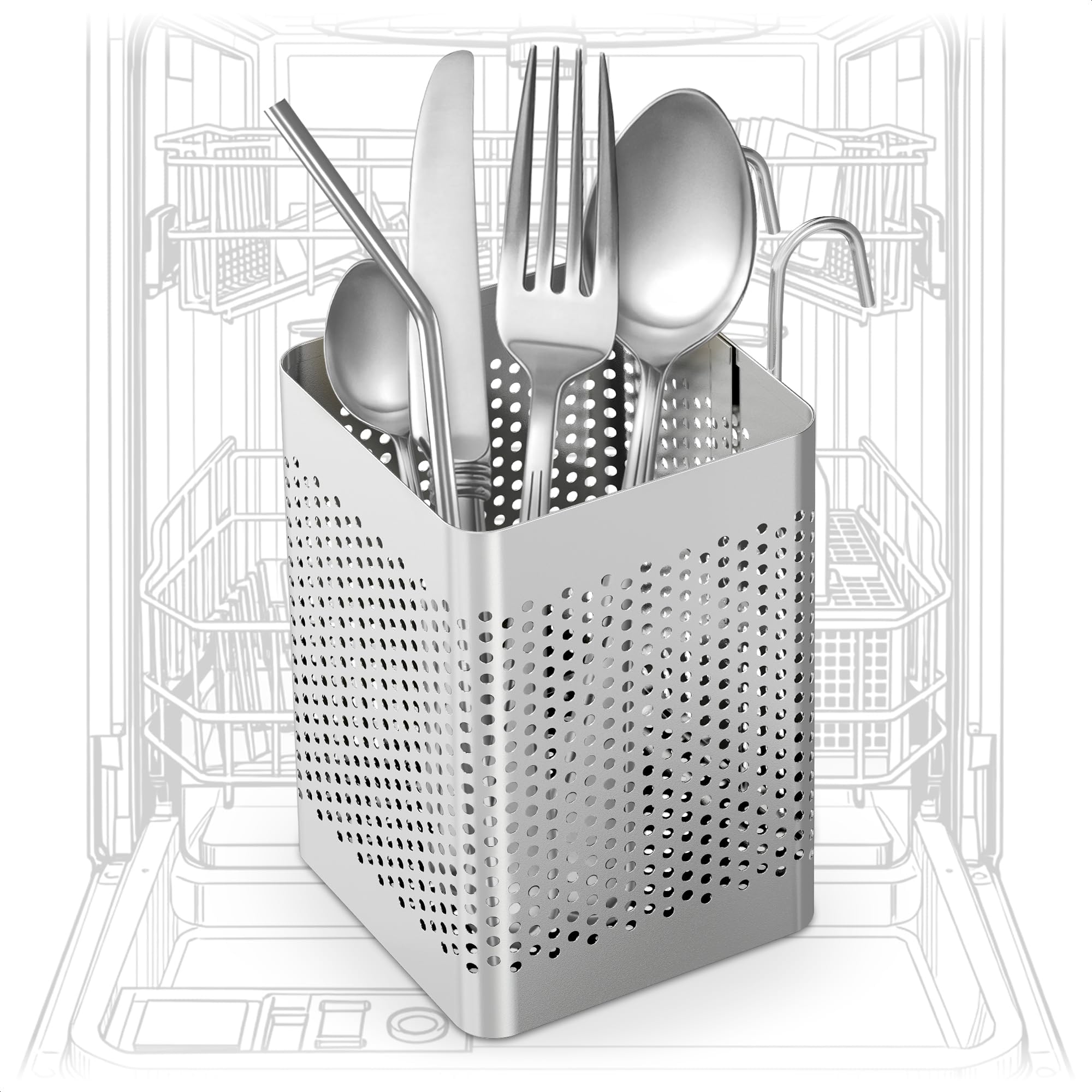 Dishwasher Chopstick Basket – 2.87" x 2.87" x 4" Stainless Steel Utensil Holder, Rust-Resistance Chopstick Holder for Dishwasher Basket – Hanging Caddy for Organizing Chopsticks, Straws and Teaspoons