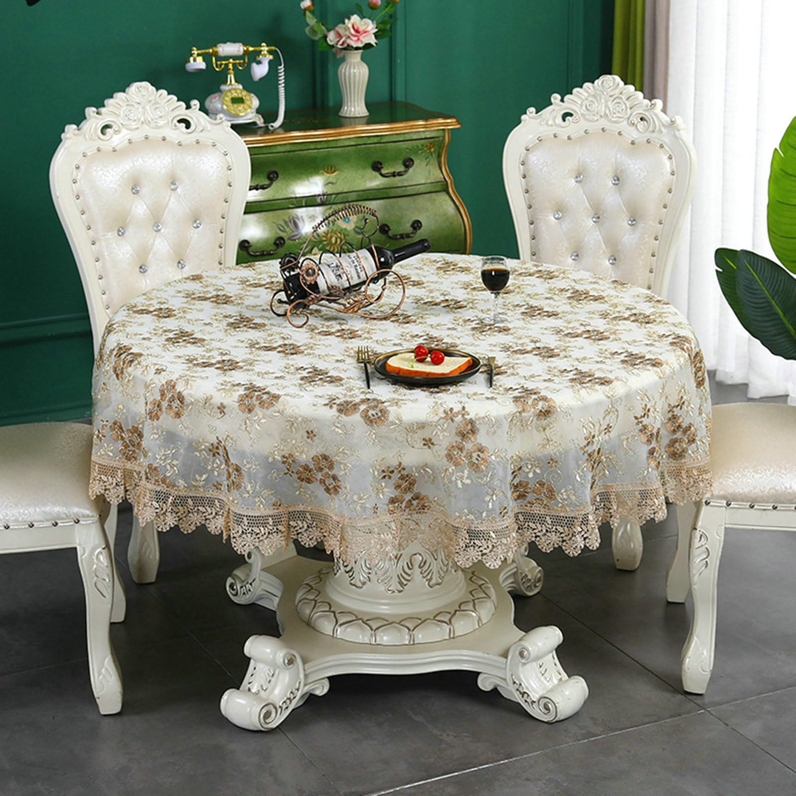 Tischdecke Rund Küche 150 cm, Spitze Stickerei Polyester, Kaffee