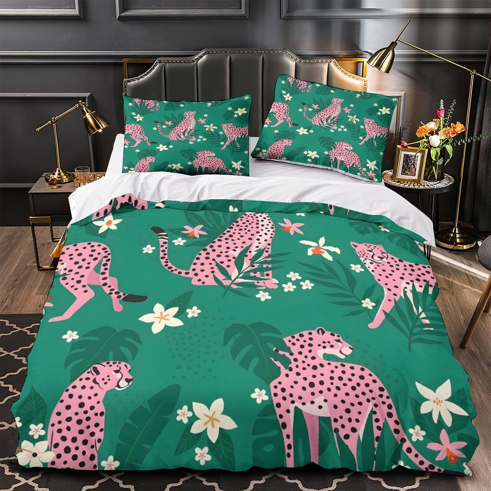 Housse de couette léopard rose 3D 200x200 cm avec 2 taies d'oreiller en microfibre pour lit double