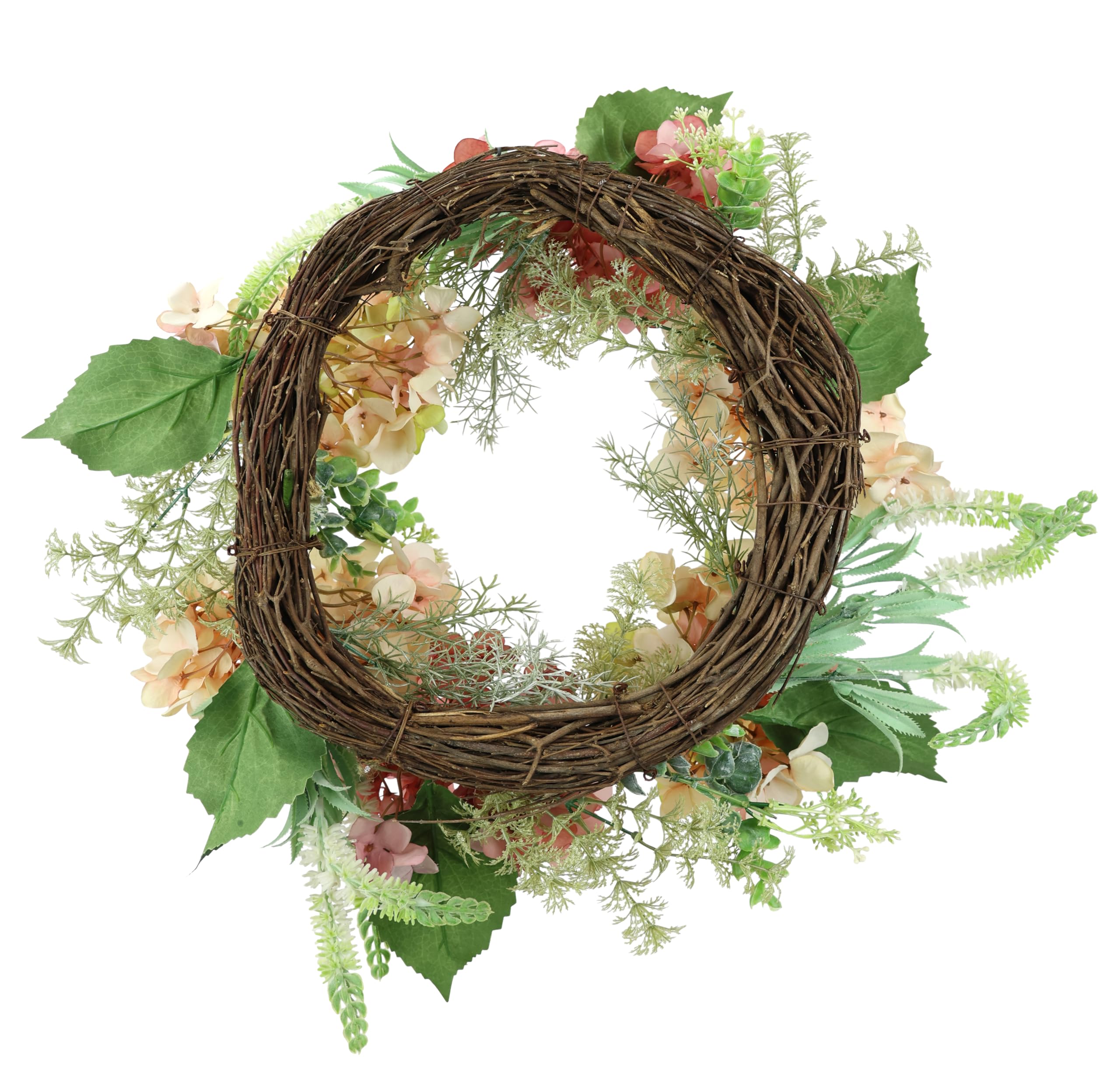 Rattankranz mit künstlichen Hortensien Hortensienblüten Blüten Blumen Kunstblumenkranz Deko Wandkranz Türkranz zum Aufhängen Legen Blütenkranz Landhaus Kranz Haustür-Dekoration Hochzeit Dekoration