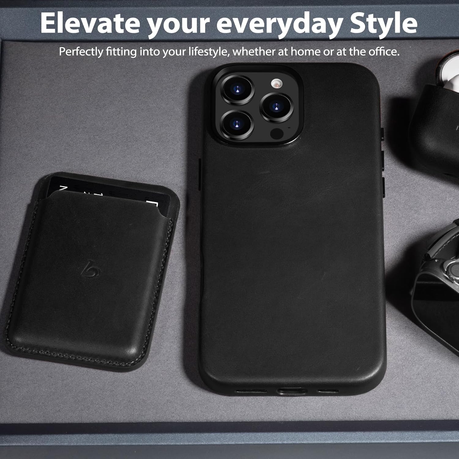 Belemay Compatible with iPhone 16 Pro Leather Case, Compatible with MagSafe, Premium Full-Grain Vegetable-Tanned Smooth Leather, Metal Buttons & Camera Bump Frame, Classy Luxury Cover (6.3") Black - Image 9