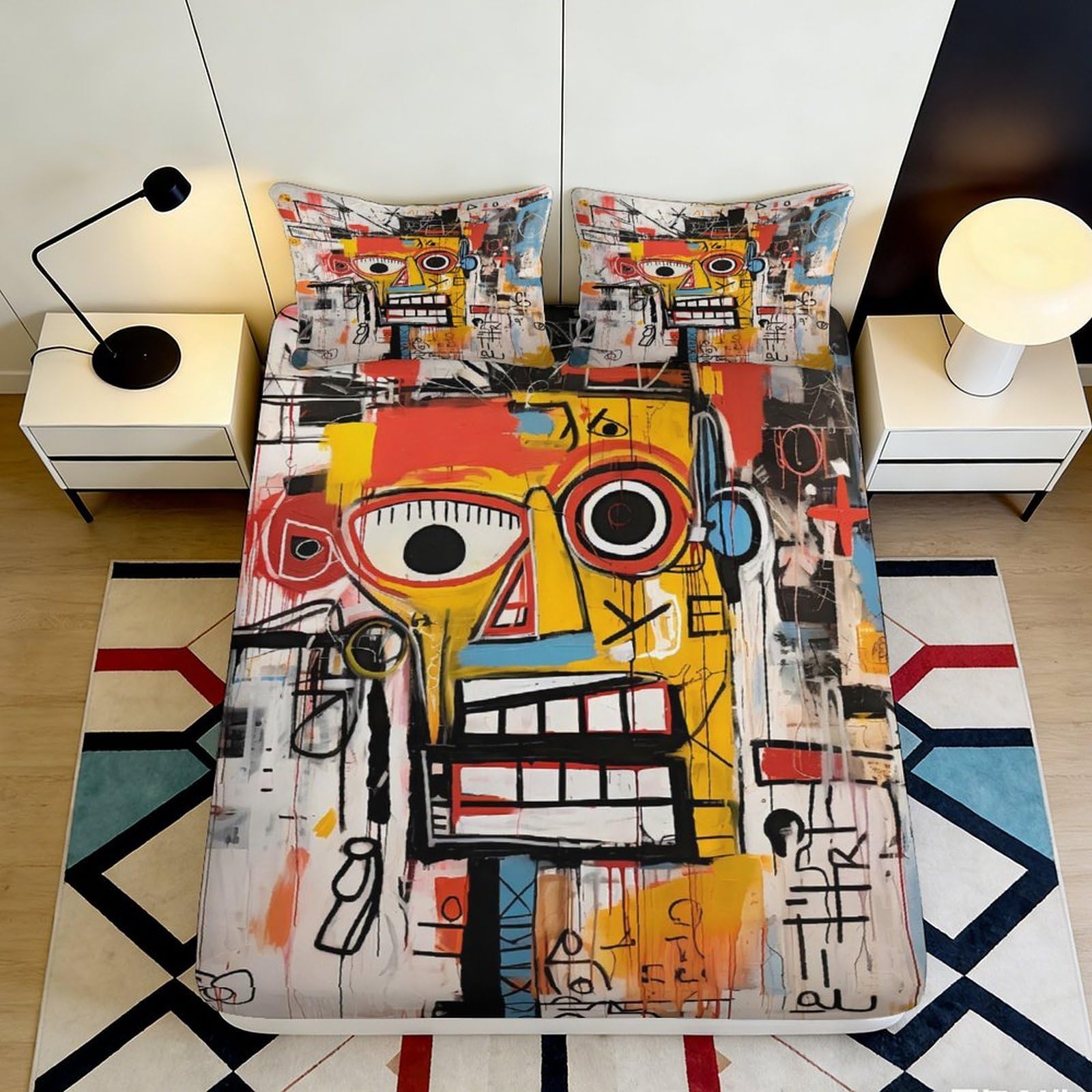 3D Printed Abstract Graffiti Fitted Sheet Microfiber Art Face Mattress Cover for Bedroom Dorm Decor Easy Care 90x200x25cm