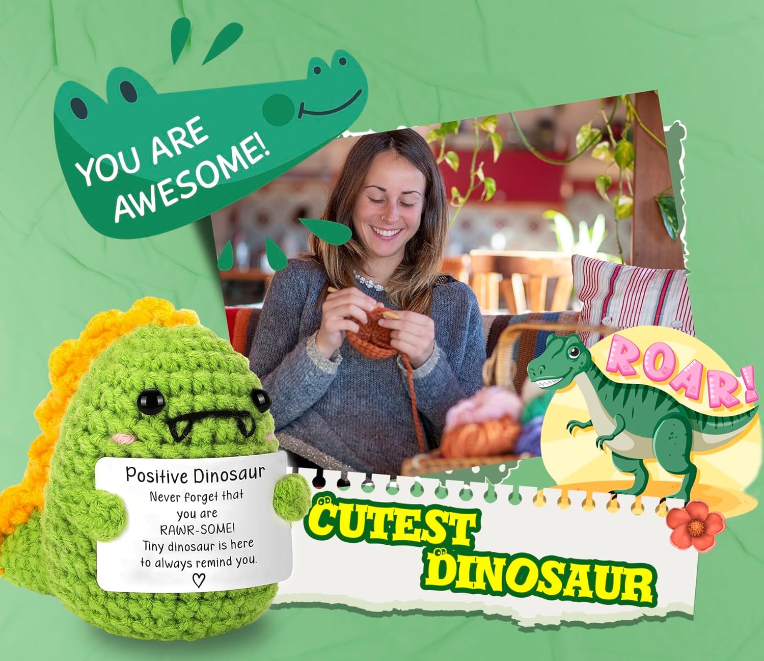 Handmade Crochet Animals Gifts for Women Men Inspirational Positive Dinosaur Gifts for Mom Dad Daughter Birthday Gift for BFF Coworker Cheer up Encouragement Present Home Office Decor - Image 2