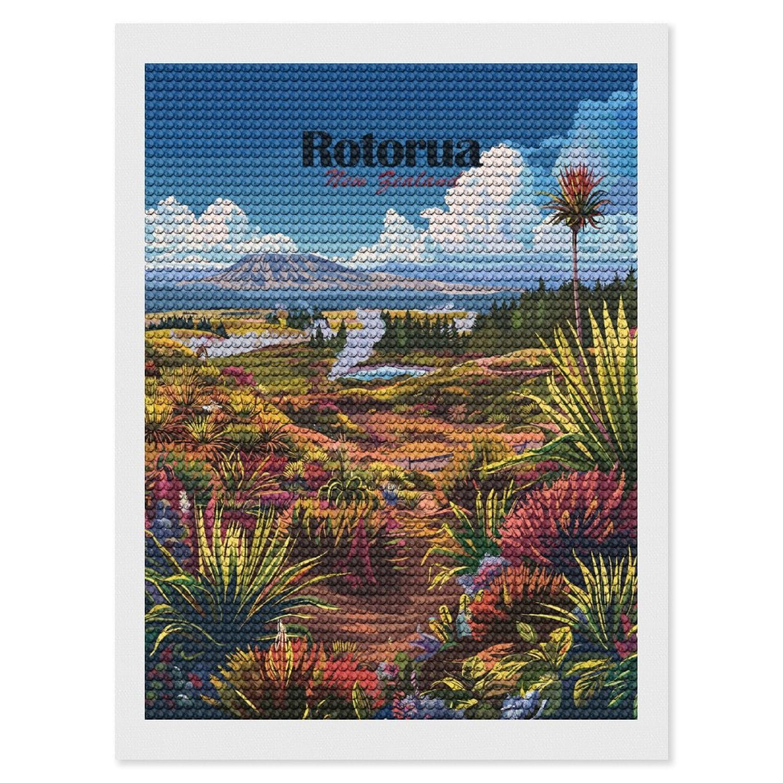 Junmoney Rotorua, New Zealand Landscape DIY Diamond Art Canvas Kit 12"x16", Complete Accessories, Creative Leisure Activity, Home Wall Decor, Gift Idea