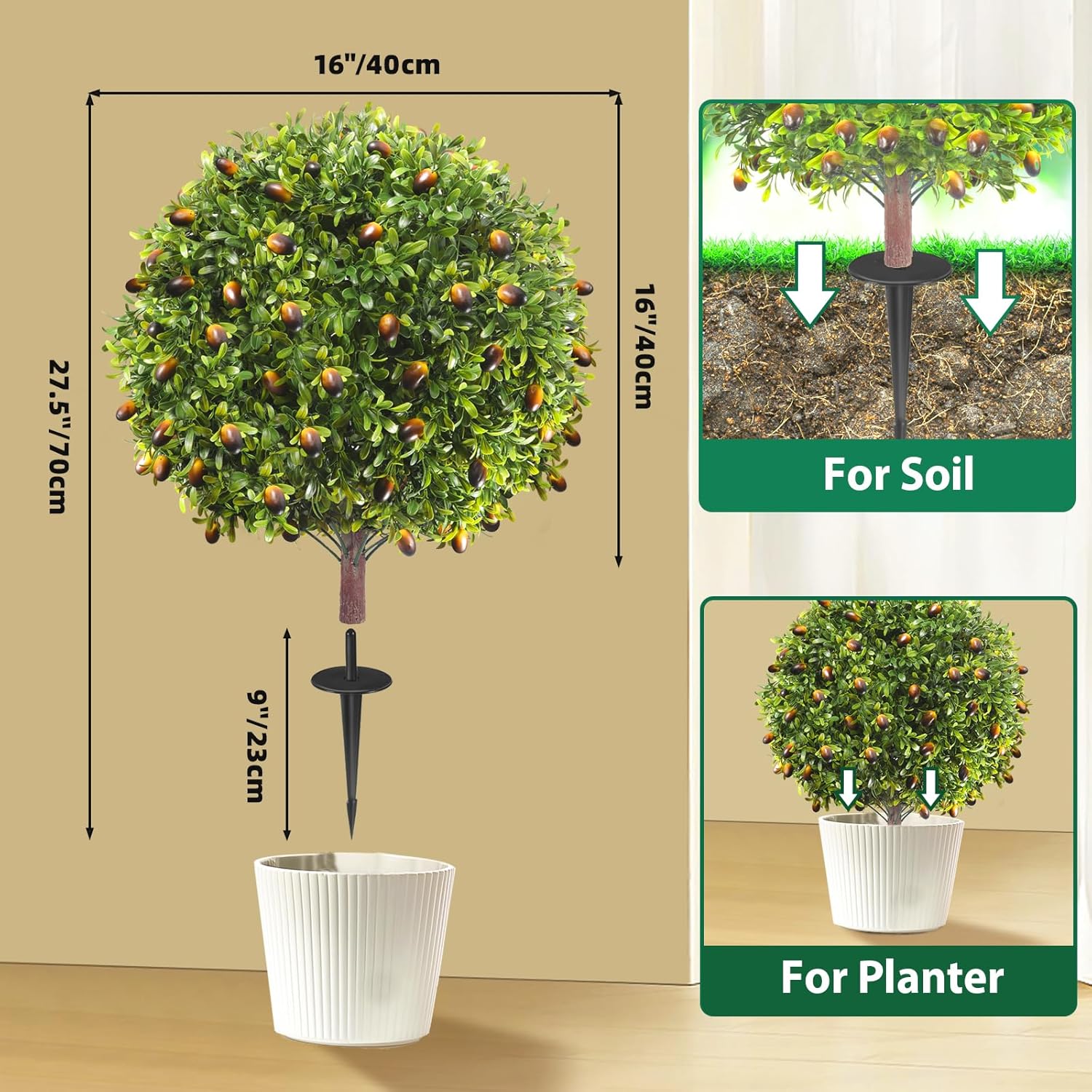 27.5" Artificial Olive Boxwood Topiary Ball Tree, Set of 2 Fake Bushes Shrubs with Ground Spike, UV Resistant Faux Evergreen Boxwood Plants for Outdoor Indoor Planters Front Porch Garden Decor - Image 4