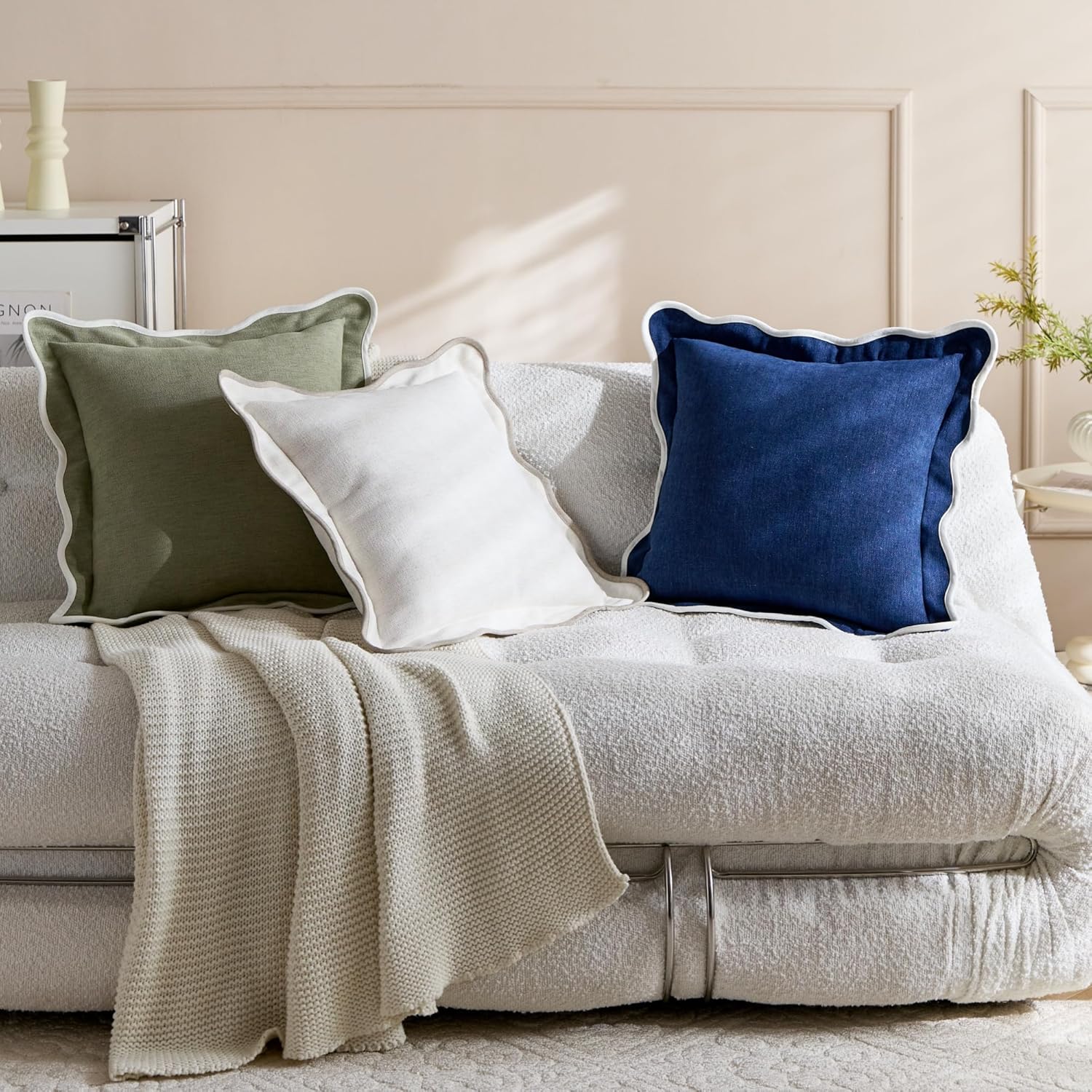 Spring Scalloped Pillow Cover Pack of 2, 18x18 Inch Invisible Zipper Boho Decorative Cases for Living Room Bedroom Office(Green, 18" x 18" (Pack of 2))