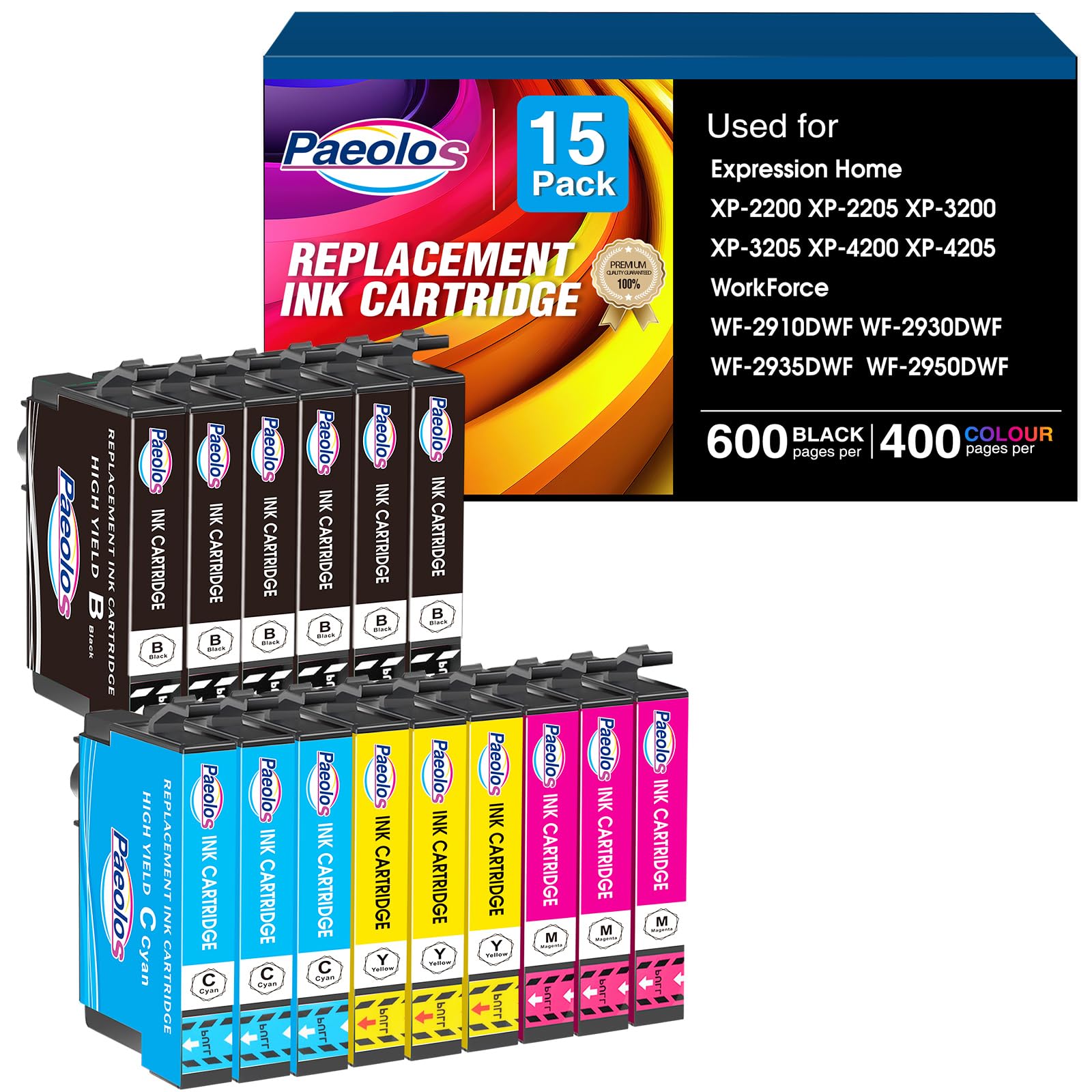 paeolos Ricambio per 604XL Cartucce Cartuccia Compatibili per Epson Expression Home XP-2200 XP-2205 XP-3200 XP-3205 XP-4200 XP-4205 Workforce WF-2910 WF-2930 WF-2950 (15 Pezzi)