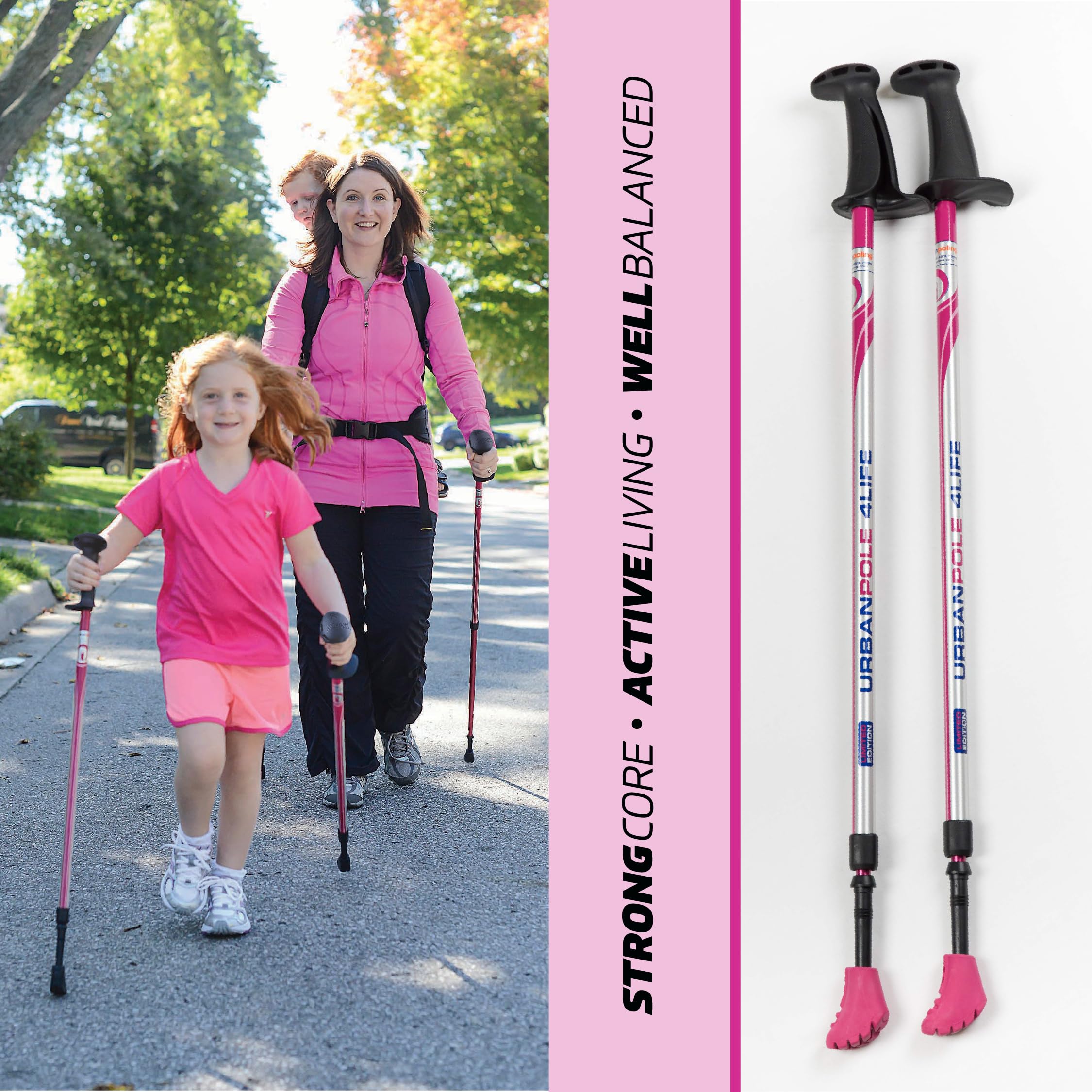 Urban Poling Urban Pole 4Life - Lekkie, aluminiowe kijki do nordic walkingu - różowe i srebrne - 1 para - dla użytkowników 100 cm - 160 cm - 150 cm - składany i regulowany sprzęt turystyczny