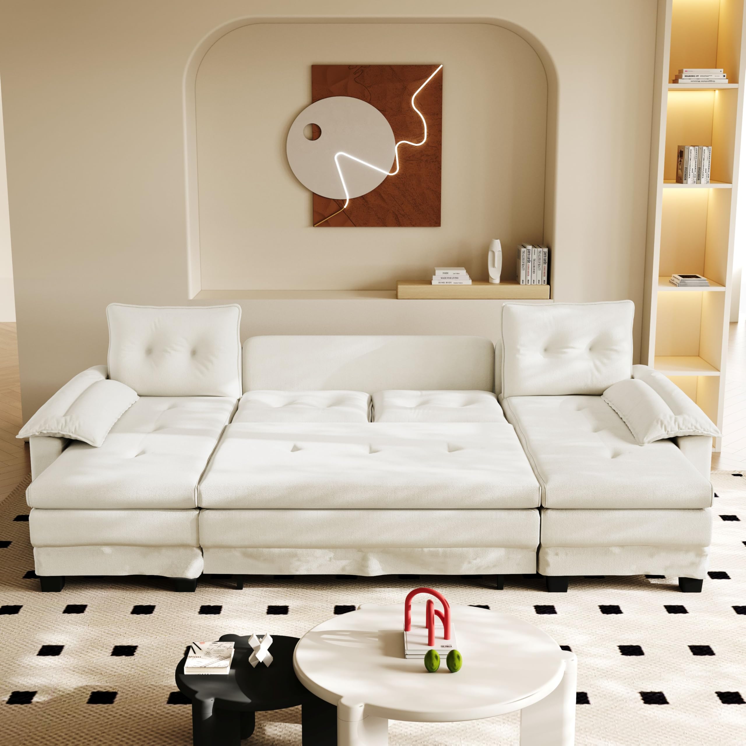 Zepneiy Canapé modulable en U 278 cm, Canapé-lit Multifonction 2 en 1 avec lit gigogne et Ports USB, Canapé 5 Places Moderne avec accoudoirs Amovibles, Convient aux Salons et aux Bureaux, Beige