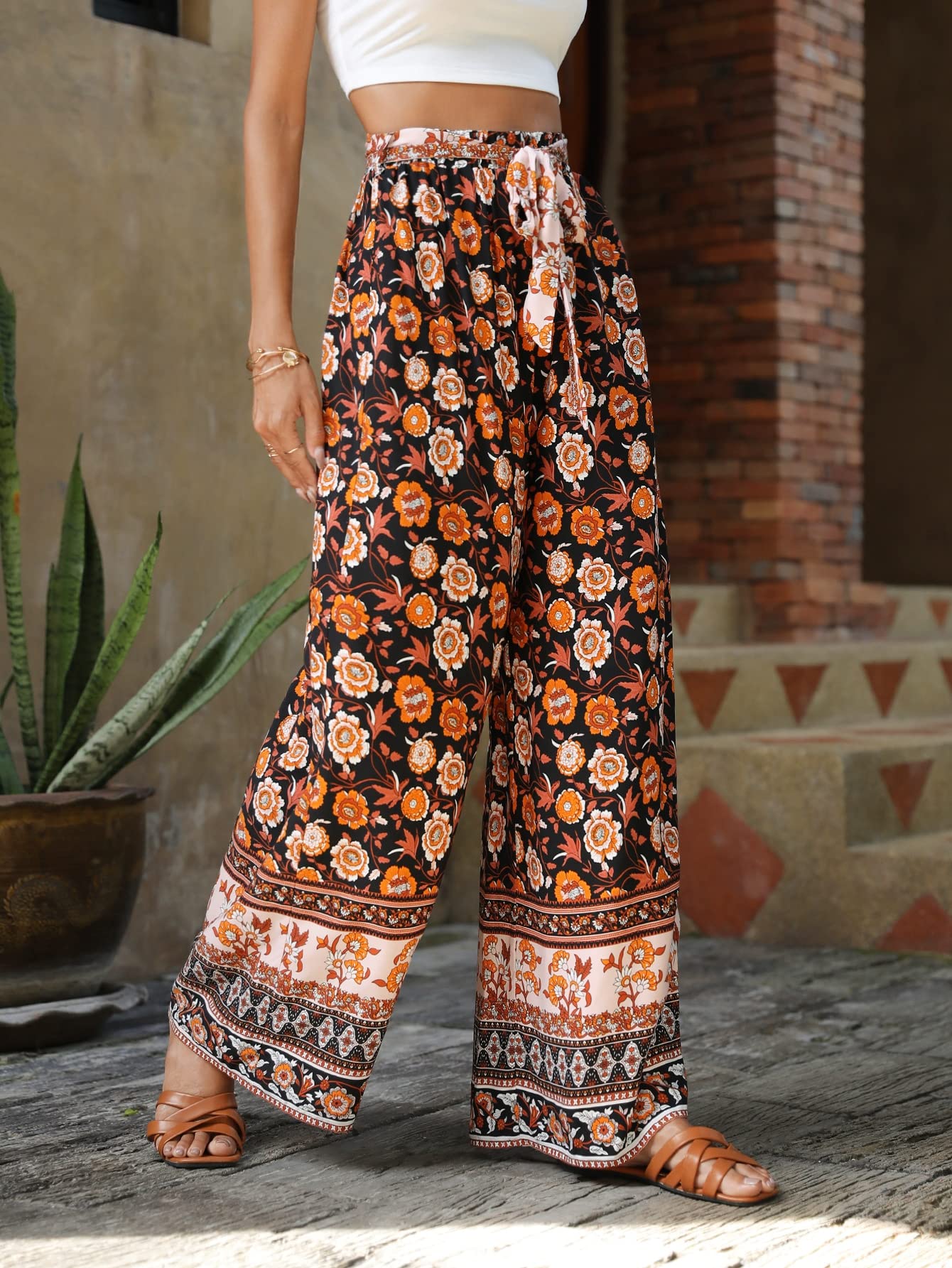 REDESYN Pants for Women Womens Pant Floral Print Belted Wide Leg Pants Pants Color Black Size Large