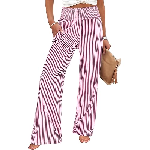 ANRABESS Womens Palazzo Pants, Striped & Gingham, Lounge & Casual, Cute Pajama Pants, Wide Leg, High Waisted, Pockets