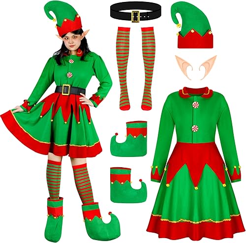 QZYL 9 piezas de disfraz de elfo de Navidad, disfraz de Santa Claus, traje de cosplay, vestido, orejas de cinturón, calcetines, sombrero de elfo,