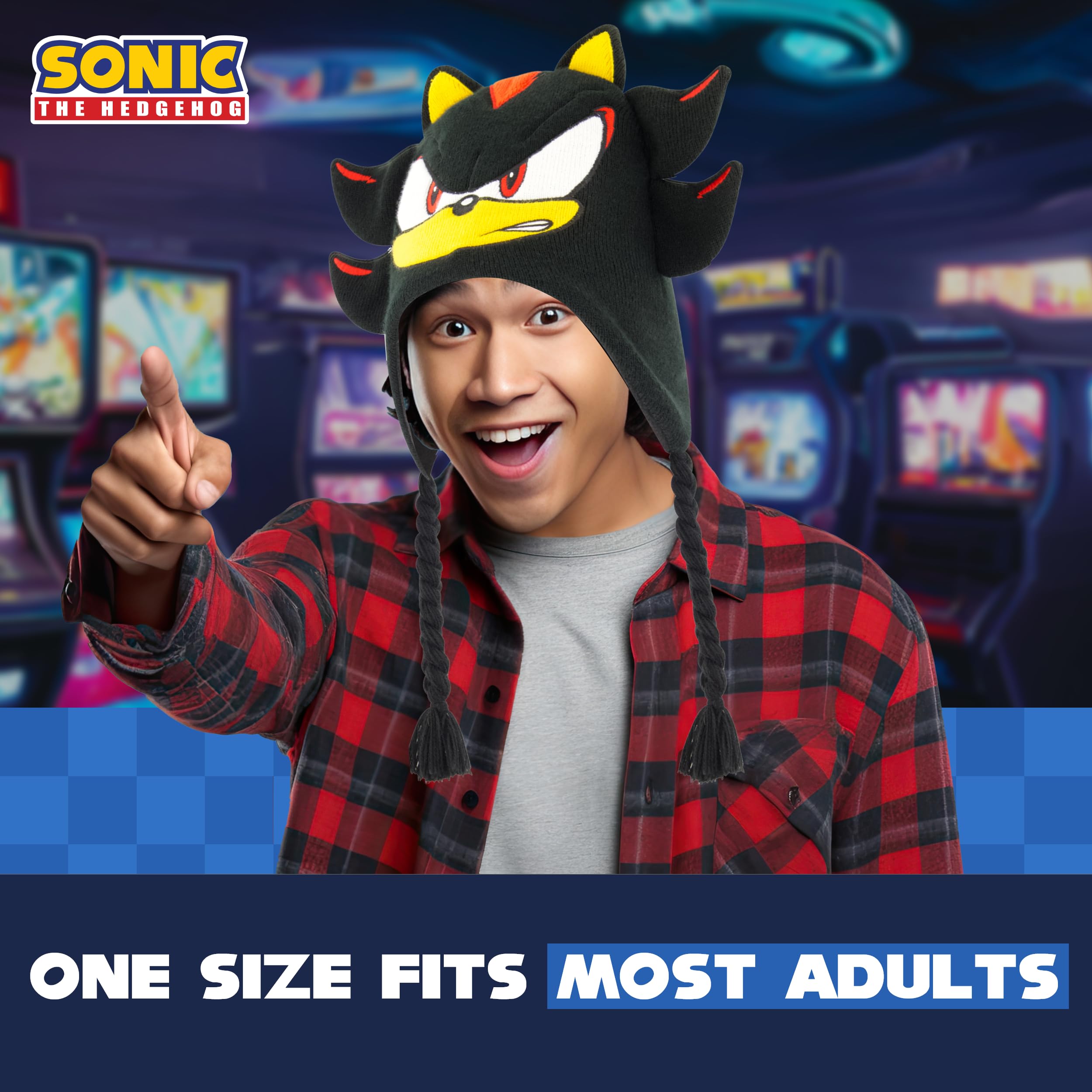 Shadow The Hedgehog czapka beanie, Sonic The Hedgehog Peruwiańska zimowa dzianinowa czapka z uszami 3D i frędzlami, czarna, jeden rozmiar, Czarny, rozmiar uniwersalny