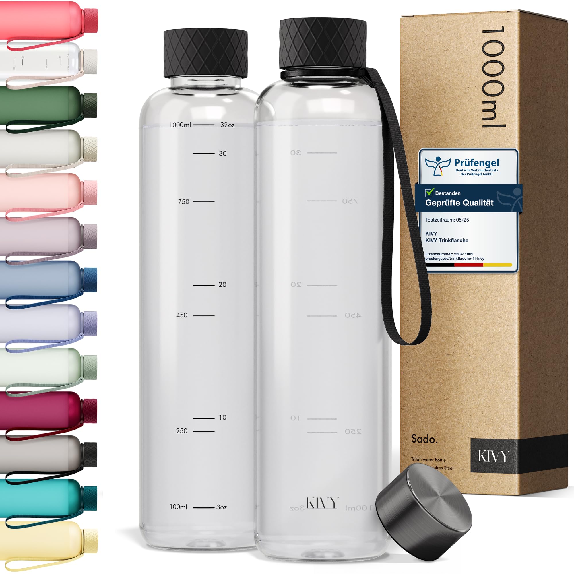 KIVY Tritan-Wasserflasche - Kohlensäure geeignet & Auslaufsicher - Für Sport, Schule & Büro- Trinkflasche Gym Flasche - Sporttrinkflasche - Fitness Trinkflaschen - Sportflasche 1 Liter, BPA Frei