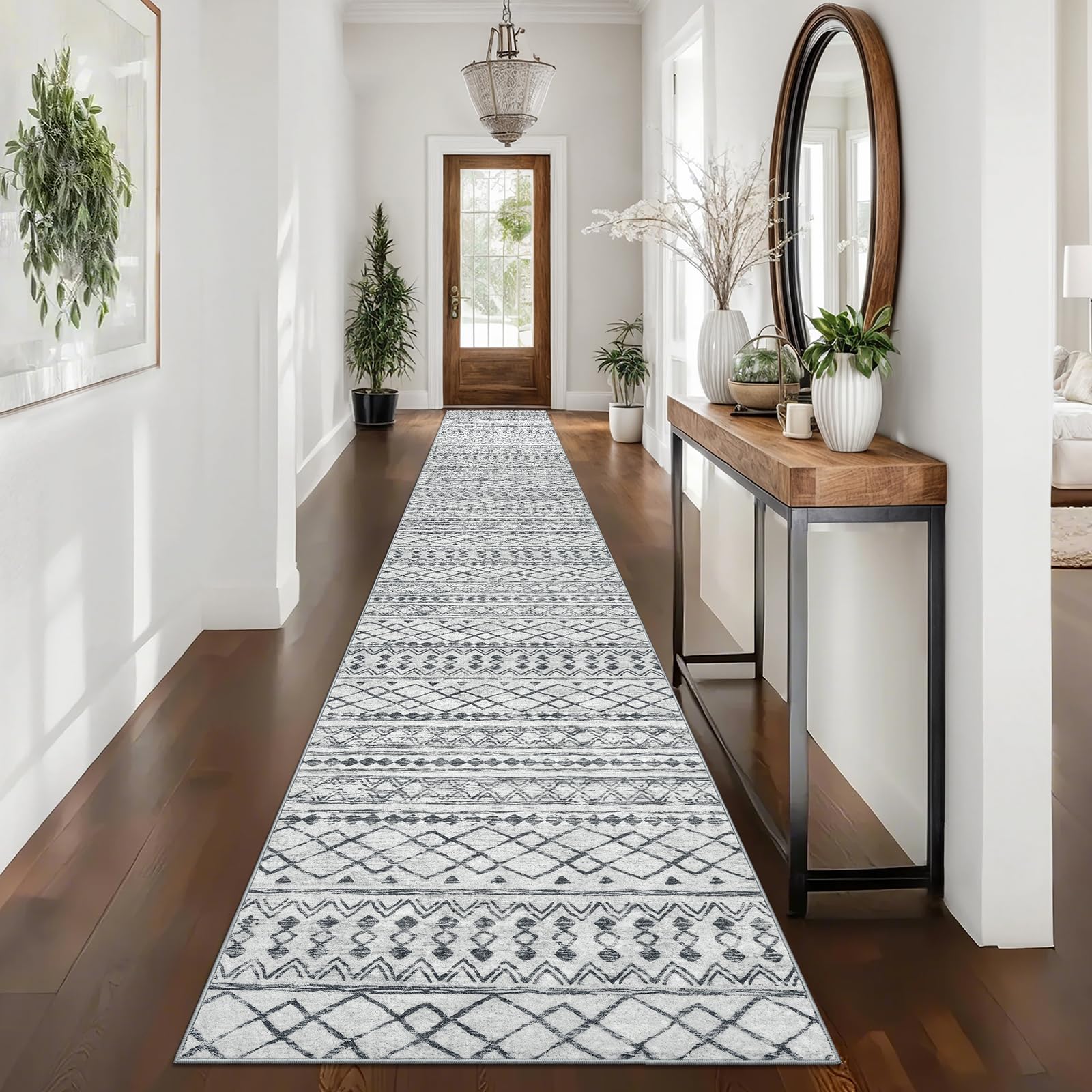 KUTA Long Hallway Runner Rug 2.6x16 Non-Slip Washable, Moroccan Vintage Beige Boho Kitchen Rugs Ultra Soft Distressed Geometric Floor Carpet Runners