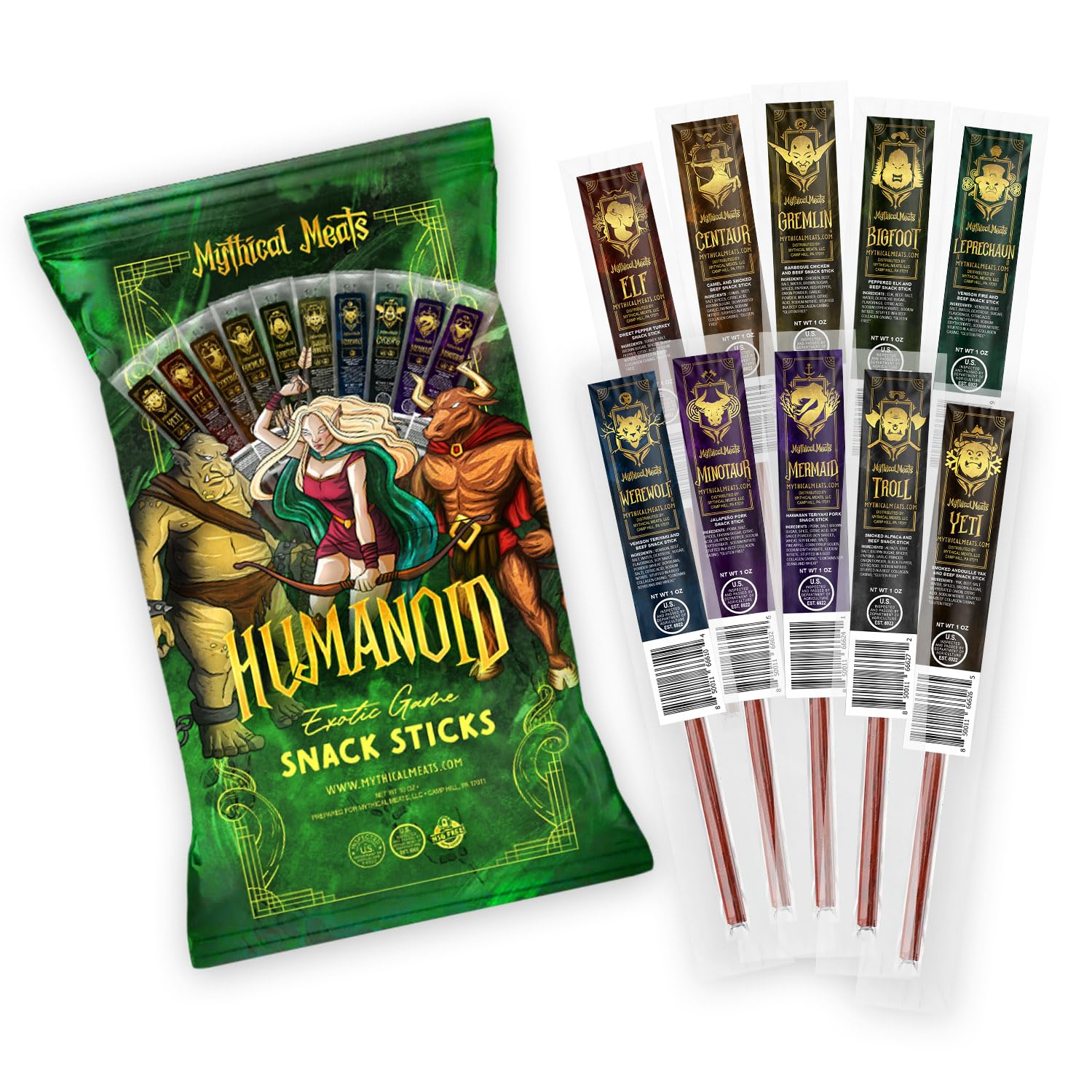 Mythical Meats Humanoid Exotic Game & Beef Sticks - Individually Wrapped Beef Jerky Sticks - Keto Friendly High Protein Meat Snack for Adults and Kids - Variety Pack of 10 Meat Sticks