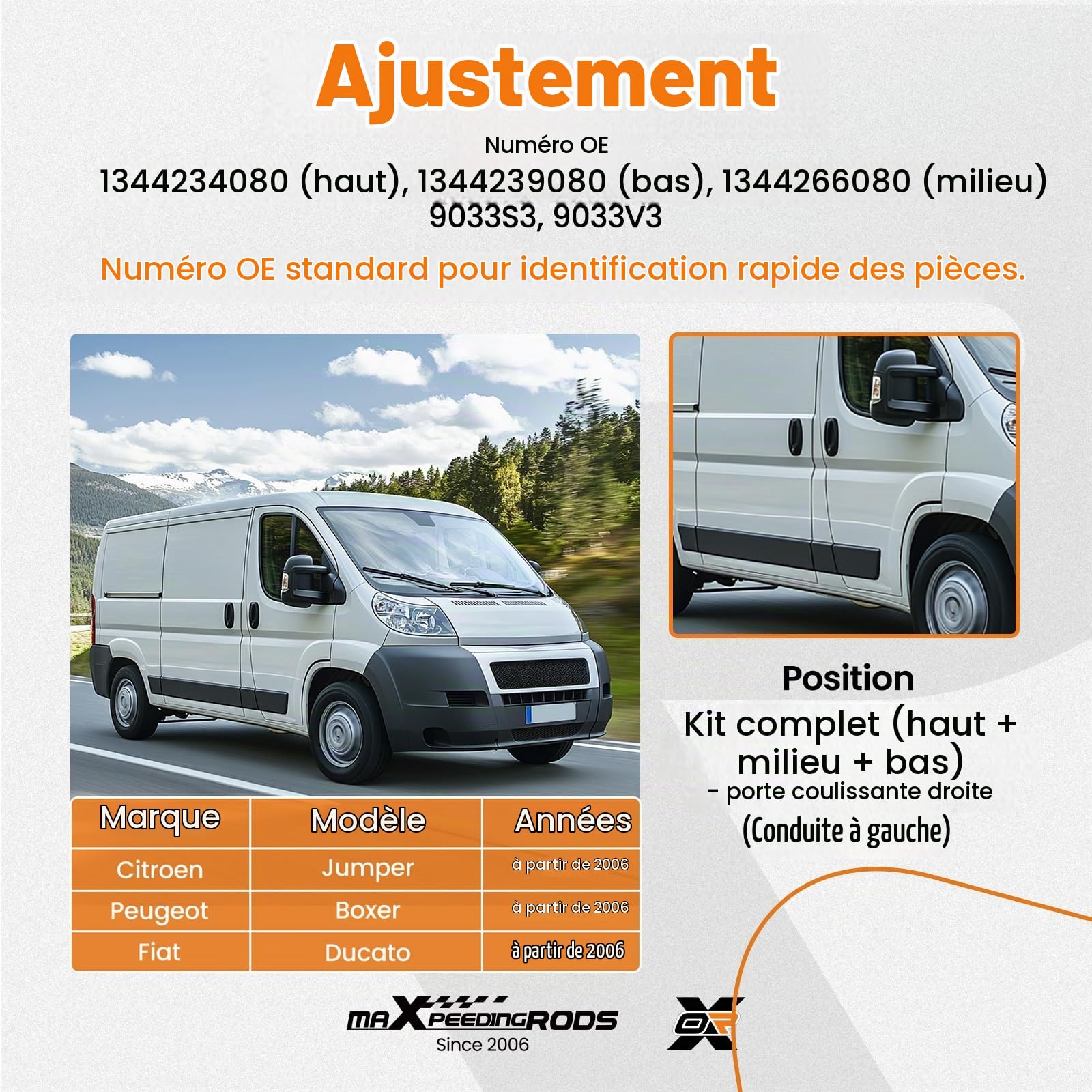 maXpeedingrods Jeu Complet de 3 Rouleaux Porte Coulissante Droite Pour Fiat Ducato 2006-2024 Pour Peugeot Boxer Pour Citroen Jumper 1344239080 9033.S3 68271843AA Haute Qualité Silencieuse