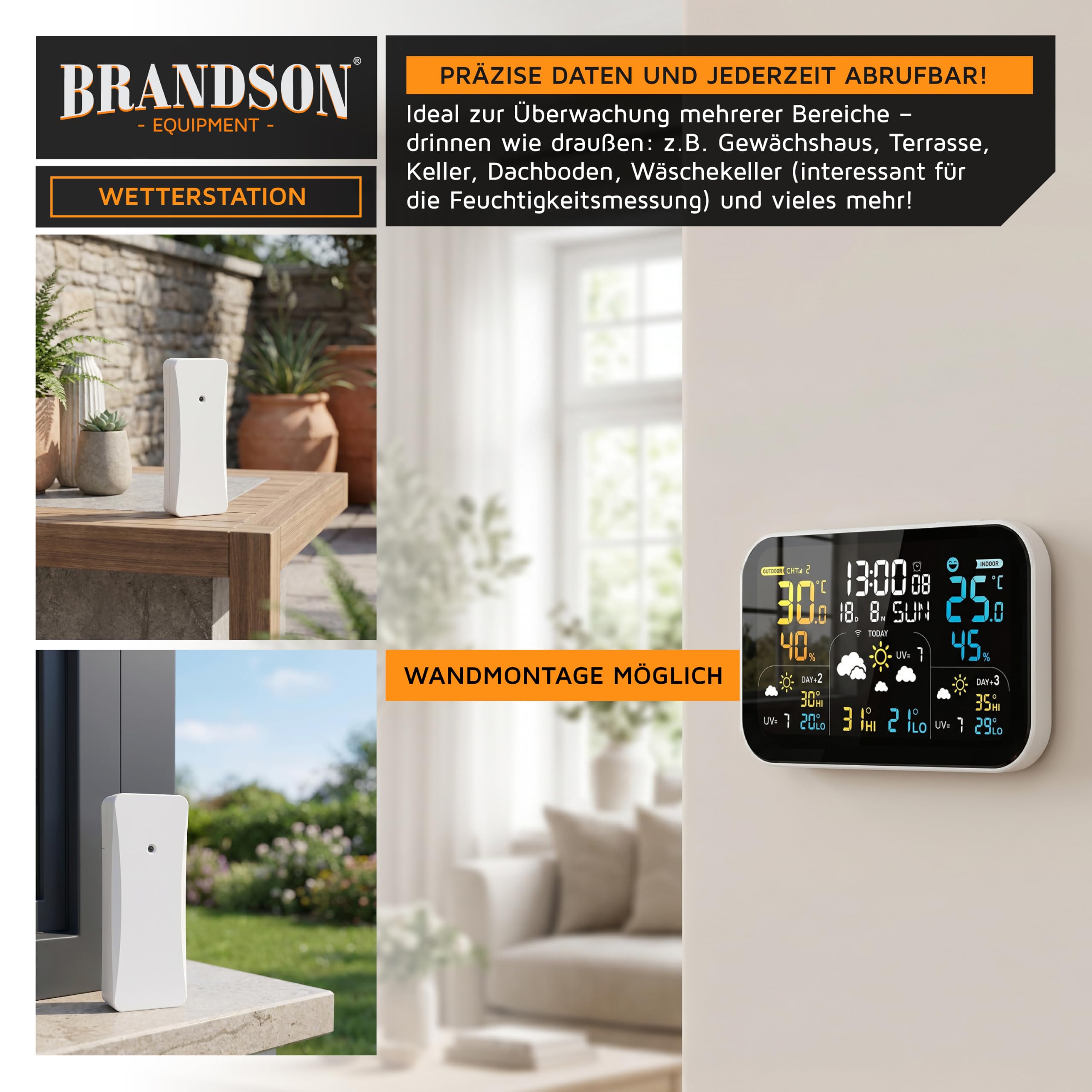 Brandson – Funk Wetterstation Wlan mit Außensensor – Farbdisplay – Wettervorhersage – Innen und Außentemperatur – WiFi Smart App Steuerung – Tuya Smart – Smart Life - mit 2 Außensensoren