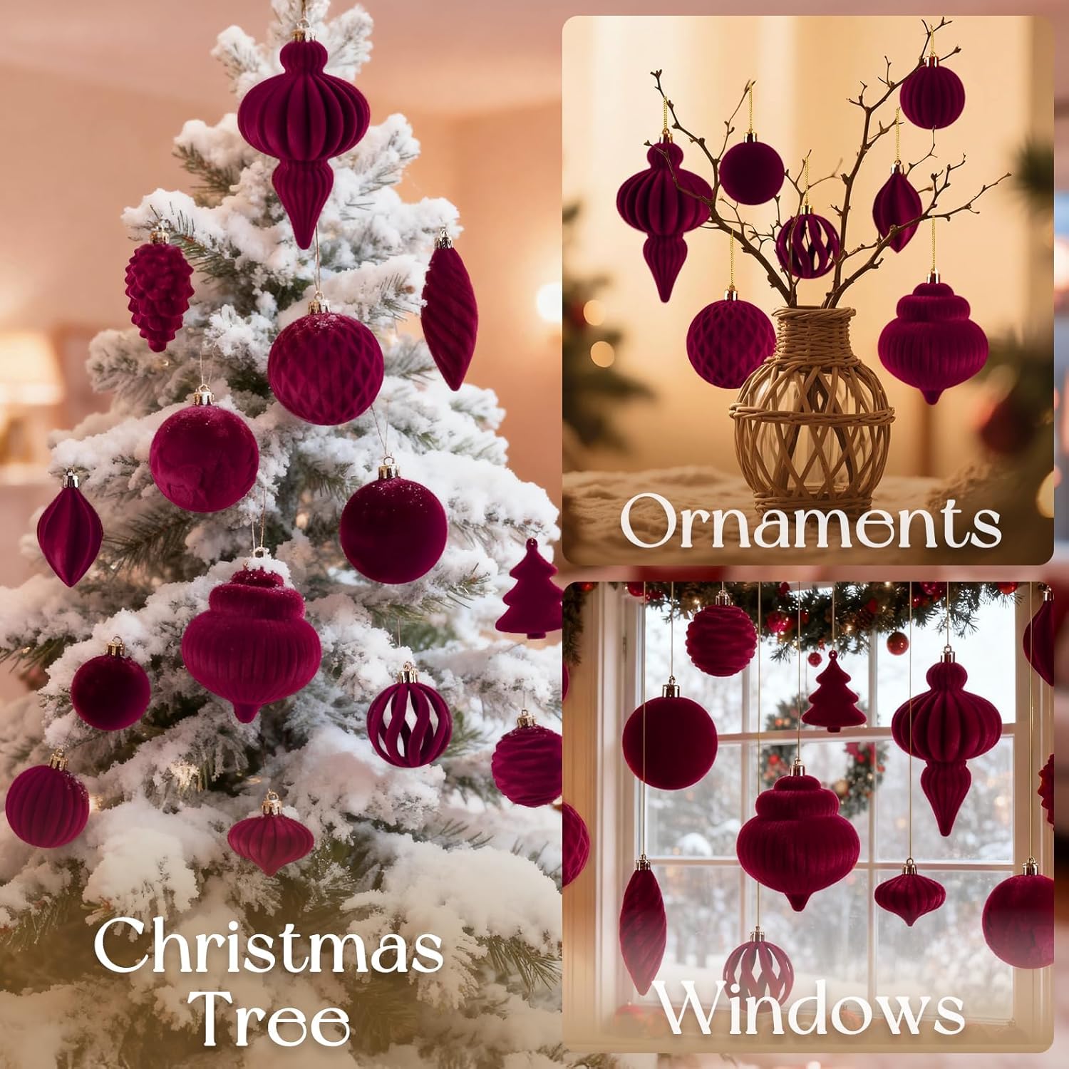 18Pcs Velvet Christmas Tree Ornaments Set, Wine Red Shatterproof Flocked Christmas Decorations Bulk for Tree, Burgundy Decorative Hanging Ball Ornaments for Xmas Holiday Home Party Decor