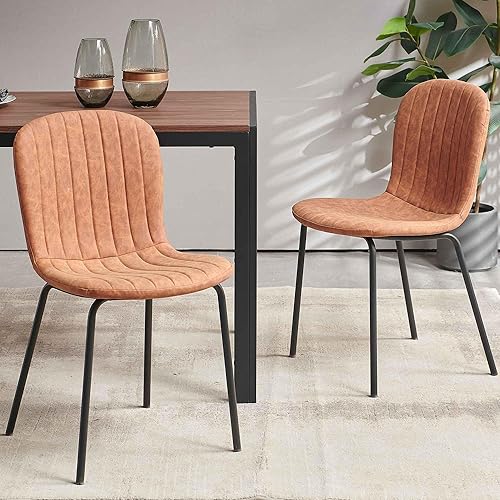Juego de 2 sillas de comedor de piel sintética con patas de metal negro, sillas de comedor modernas de mediados de siglo para cocina y comedor,