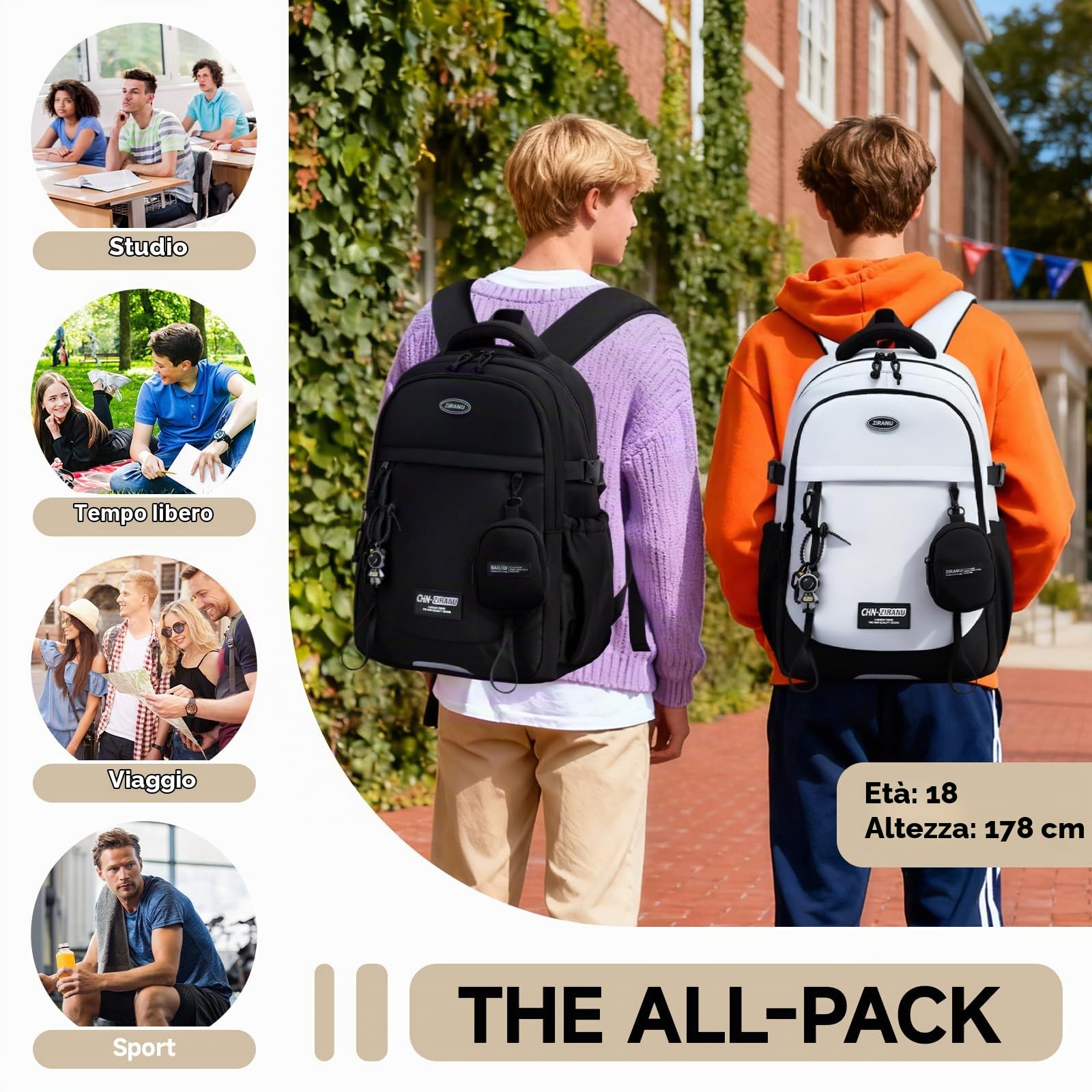 Amythe Zaino per Ragazzi, Zaino Scuola Media Superiore 30L Impermeabile, Zaini Casual Moda Nero Uomo per Laptop 15.6", Ideale per Rientro Scolastico, Natale, Viaggi e Campeggio