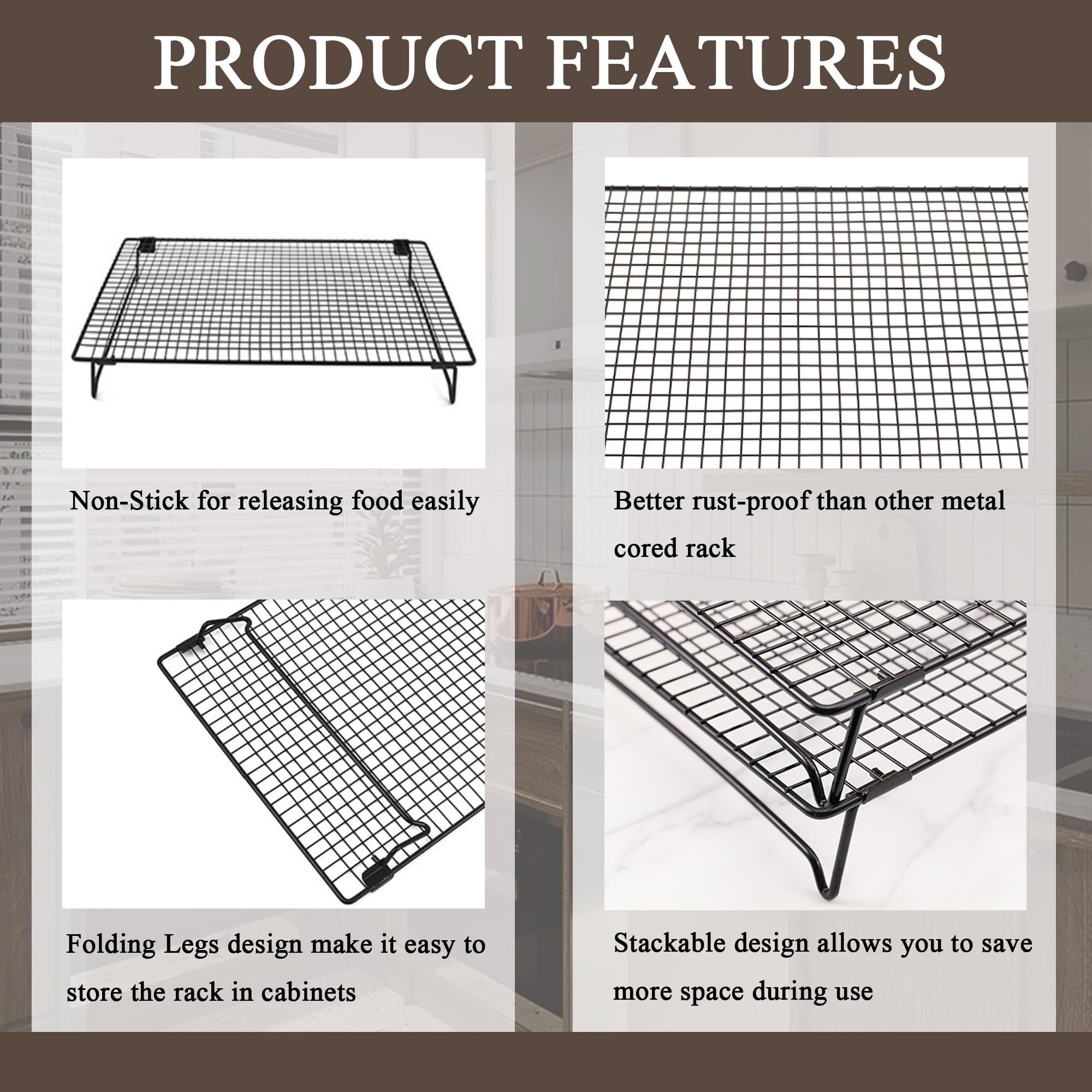 Lot de 2 grilles de refroidissement avec pieds pliables, pour cuisiner, rôtir, sécher, antirouille, anti-adhésif, pour la cuisson, 43,2 x 28,4 cm, noir (2)