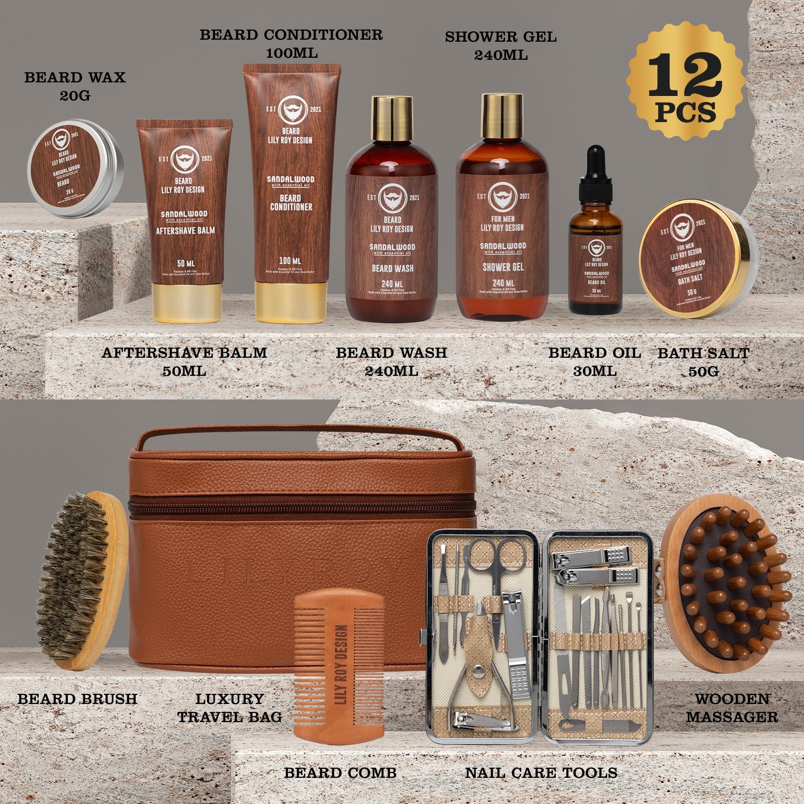 Juego de regalo de spa para el día del padre para hombres, juego de regalo de lujo de 30 piezas de sándalo para baño y barba para hombres, kit de baño y cuidado corporal para él con cera para barba | 2