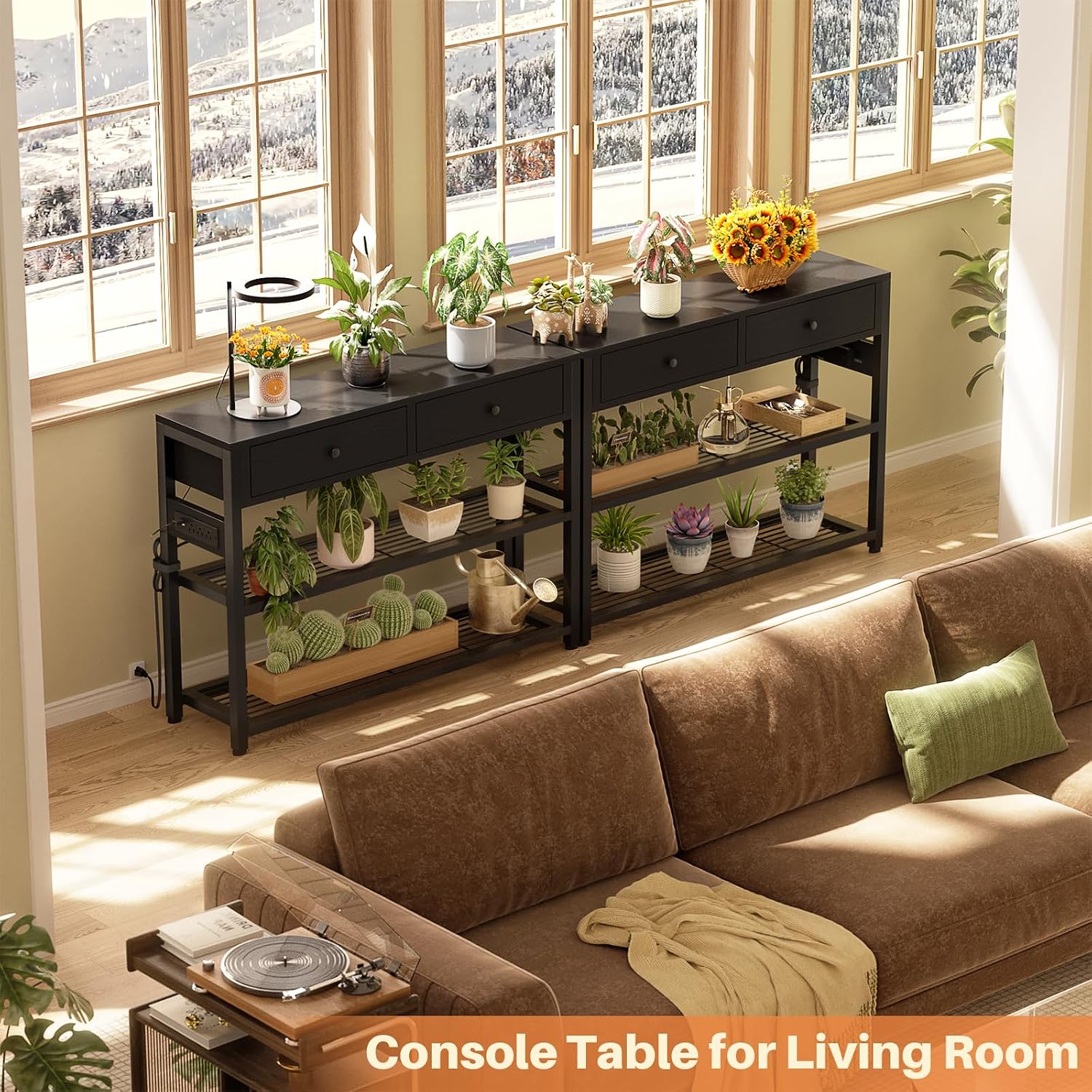Ecoprsio Entryway Table with Outlets and USB Ports, Console Table with 2 Drawers, Small Sofa Table with Storage Shelves for Living Room, Couch, Hallway, Foyer, Kitchen Counter, 32'', Black