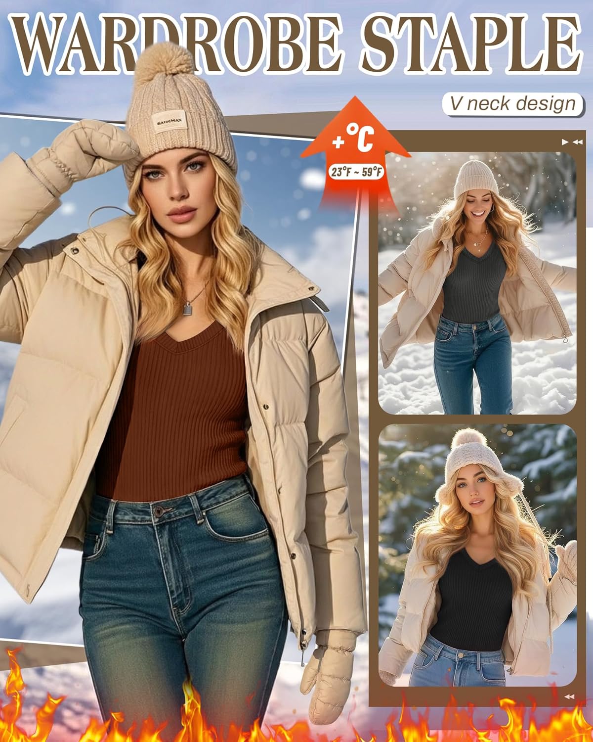 3 Pack Women's Ribbed Long Sleeve V Neck Tops Thermal Undershirt Fall Winter Stretch Slim Fitted Basic Tee Shirts - Image 2